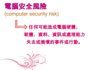 電腦安全風險
(computer security risk)

          任何可能造成電腦硬體、
        軟體、資料、資訊或處理能力
         失去或損壞的事件或行動。
 