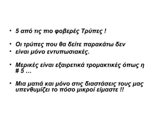 • 5 από τις πιο φοβερές Τρύπες !

• Οι τρύπες που θα δείτε παρακάτω δεν
• είναι μόνο εντυπωσιακές.

• Μερικές είναι εξαιρετικά τρομακτικές όπως η
  #5…

• Μια ματιά και μόνο στις διαστάσεις τους μας
  υπενθυμίζει το πόσο μικροί είμαστε !!
 