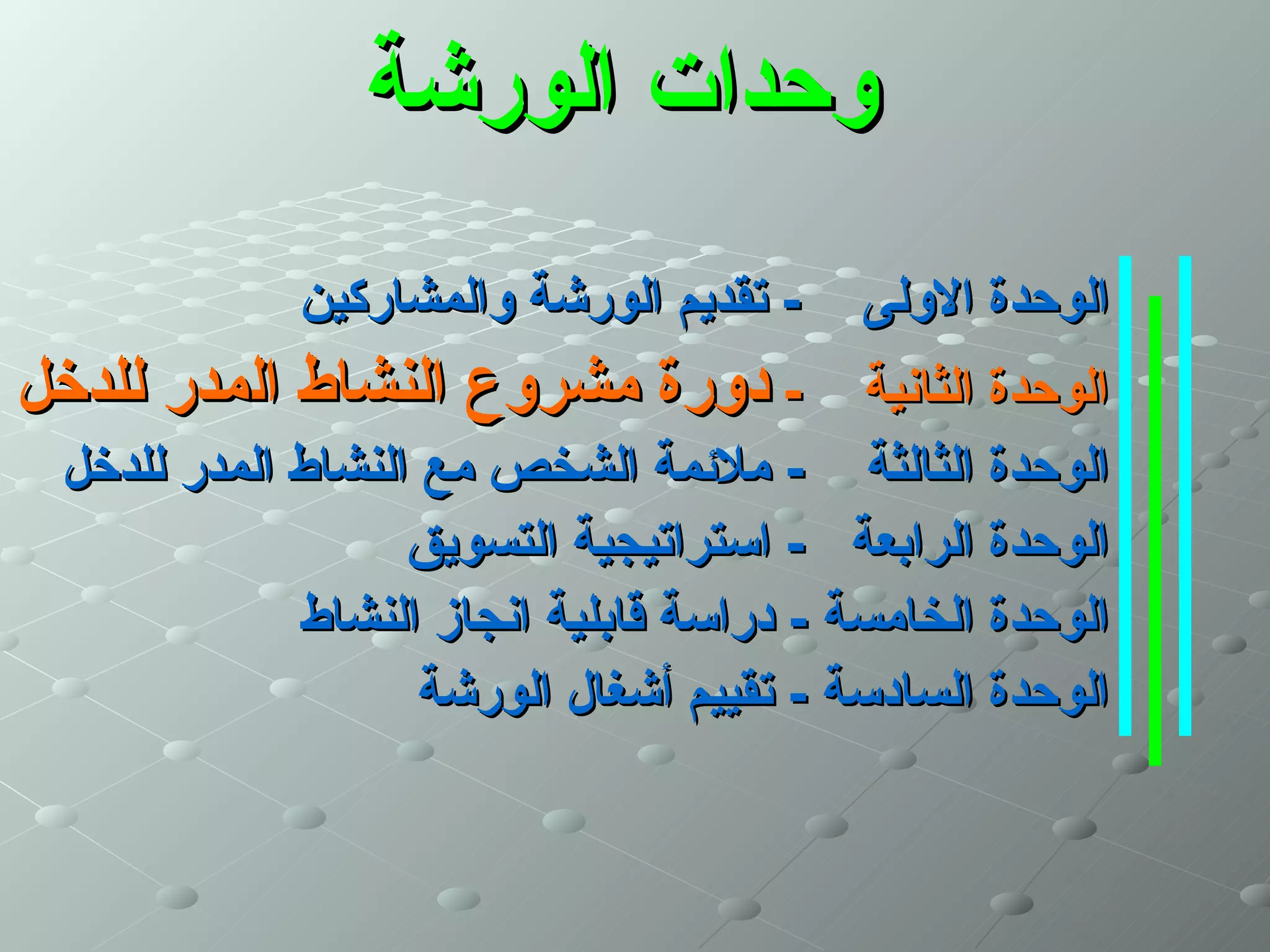 ‫وحدات الورشة‬
             ‫- تقديم الورشة والمشاركين‬    ‫الوحدة الولى‬
‫الوحدة الثانية - دورة مشروع النشاط المدر للدخل‬
 ‫الوحدة الثالثة - ملئمة الشخص مع النشاط المدر للدخل‬
                   ‫الوحدة الرابعة - استراتيجية التسويق‬
             ‫الوحدة الخامسة - دراسة قابلية انجاز النشاط‬
                    ‫الوحدة السادسة - تقييم أشغال الورشة‬
 