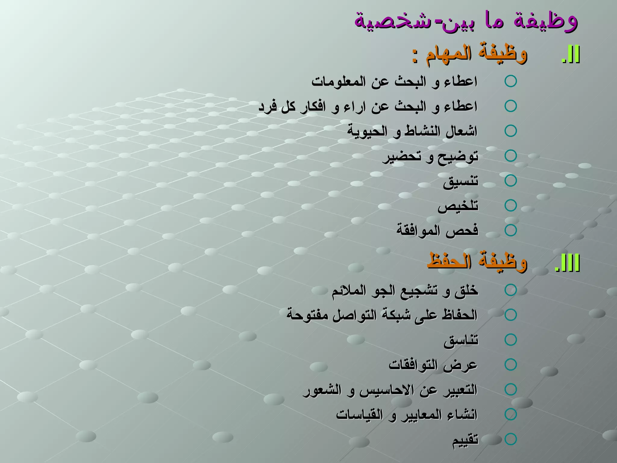‫وظيفة ما بين- شخصية‬
                    ‫‪ .II‬وظيفة المهام :‬
         ‫اعطاء و البحث عن المعلومات‬      ‫‪‬‬
‫اعطاء و البحث عن اراء و افكار كل فرد‬     ‫‪‬‬
               ‫اشعال النشاط و الحيوية‬    ‫‪‬‬
                     ‫توضيح و تحضير‬       ‫‪‬‬
                               ‫تنسيق‬     ‫‪‬‬
                              ‫تلخيص‬      ‫‪‬‬
                       ‫فحص الموافقة‬      ‫‪‬‬

                            ‫وظيفة الحفظ‬      ‫‪.III‬‬
           ‫خلق و تشجيع الجو الملئم‬       ‫‪‬‬
    ‫الحفاظ على شبكة التواصل مفتوحة‬       ‫‪‬‬
                               ‫تناسق‬     ‫‪‬‬
                     ‫عرض التوافقات‬       ‫‪‬‬
      ‫التعبير عن الحاسيس و الشعور‬        ‫‪‬‬
            ‫انشاء المعايير و القياسات‬    ‫‪‬‬
                                 ‫تقييم‬   ‫‪‬‬
 