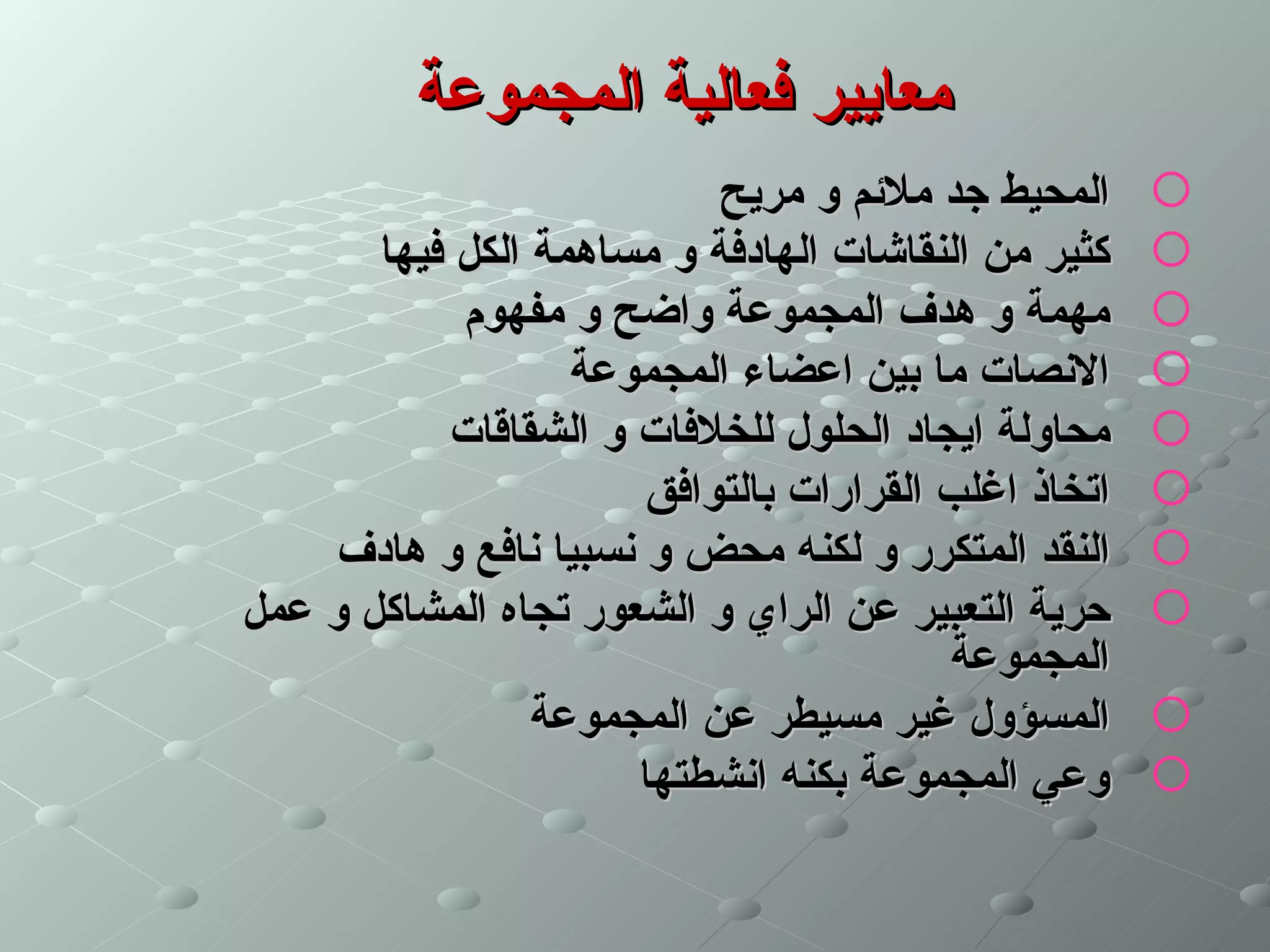 ‫معايير فعالية المجموعة‬
                           ‫المحيط جد ملئم و مريح‬     ‫‪‬‬
       ‫كثير من النقاشات الهادفة و مساهمة الكل فيها‬   ‫‪‬‬
            ‫مهمة و هدف المجموعة واضح و مفهوم‬         ‫‪‬‬
                   ‫النصات ما بين اعضاء المجموعة‬      ‫‪‬‬
           ‫محاولة ايجاد الحلول للخلفات و الشقاقات‬    ‫‪‬‬
                      ‫اتخاذ اغلب القرارات بالتوافق‬   ‫‪‬‬
    ‫النقد المتكرر و لكنه محض و نسبيا نافع و هادف‬     ‫‪‬‬
‫حرية التعبير عن الراي و الشعور تجاه المشاكل و عمل‬    ‫‪‬‬
                                        ‫المجموعة‬
                 ‫المسؤول غير مسيطر عن المجموعة‬       ‫‪‬‬
                      ‫وعي المجموعة بكنه انشطتها‬      ‫‪‬‬
 