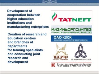 Development of
cooperation between
higher education
institutions and
manufacturing enterprises

Creation of research and
education centres
and branches of
departments
for training specialists
and conducting joint
research and
development
 