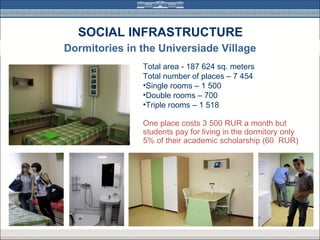 SOCIAL INFRASTRUCTURE
Dormitories in the Universiade Village
               Total area - 187 624 sq. meters
               Total number of places – 7 454
               •Single rooms – 1 500
               •Double rooms – 700
               •Triple rooms – 1 518

               One place costs 3 500 RUR a month but
               students pay for living in the dormitory only
               5% of their academic scholarship (60 RUR)
 