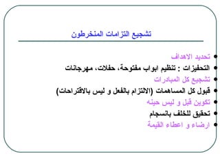‫تشجيع التزامات المنخرطون‬

                                        ‫تحديد الهداف‬   ‫‪‬‬

  ‫التحفيزات : تنظيم ابواب مفتوحة، حفلت، مهرجانات‬       ‫‪‬‬

                                  ‫تشجيع كل المبادرات‬   ‫‪‬‬

‫قبول كل المساهمات )اللتزام بالفعل و ليس بالقتراحات(‬    ‫‪‬‬

                               ‫تكوين قبل و ليس حينه‬    ‫‪‬‬

                                ‫تحقيق للخلف بانسجام‬    ‫‪‬‬

                               ‫ارضاء و اعطاء القيمة‬    ‫‪‬‬
 