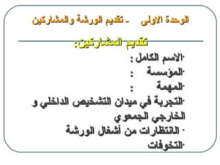 ‫- تقديم الورشة والمشاركين‬   ‫الوحدة الولى‬

          ‫تقديم المشاركين:‬
                      ‫•السم الكامل :‬
                      ‫•المؤسسة :‬
                      ‫:‬      ‫•المهمة‬
‫•التجربة في ميدان التشخيص الداخلي و‬
                  ‫الخارجي الجمعوي‬
        ‫• الانتظارات من أشغال الورشة‬
                           ‫•التخوفات‬
 