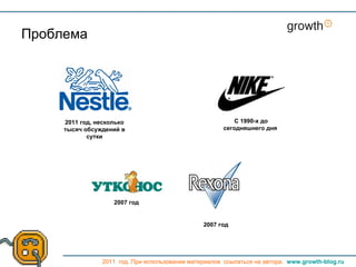 Проблема




     2011 год, несколько                                   С 1990-х до
     тысяч обсуждений в                                сегодняшнего дня
            сутки




                    2007 год


                                                2007 год




                2011 год. При использовании материалов ссылаться на автора. www.growth-blog.ru
 