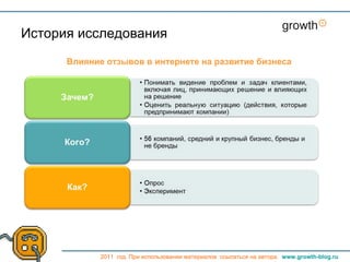 История исследования
      Влияние отзывов в интернете на развитие бизнеса




             2011 год. При использовании материалов ссылаться на автора. www.growth-blog.ru
 
