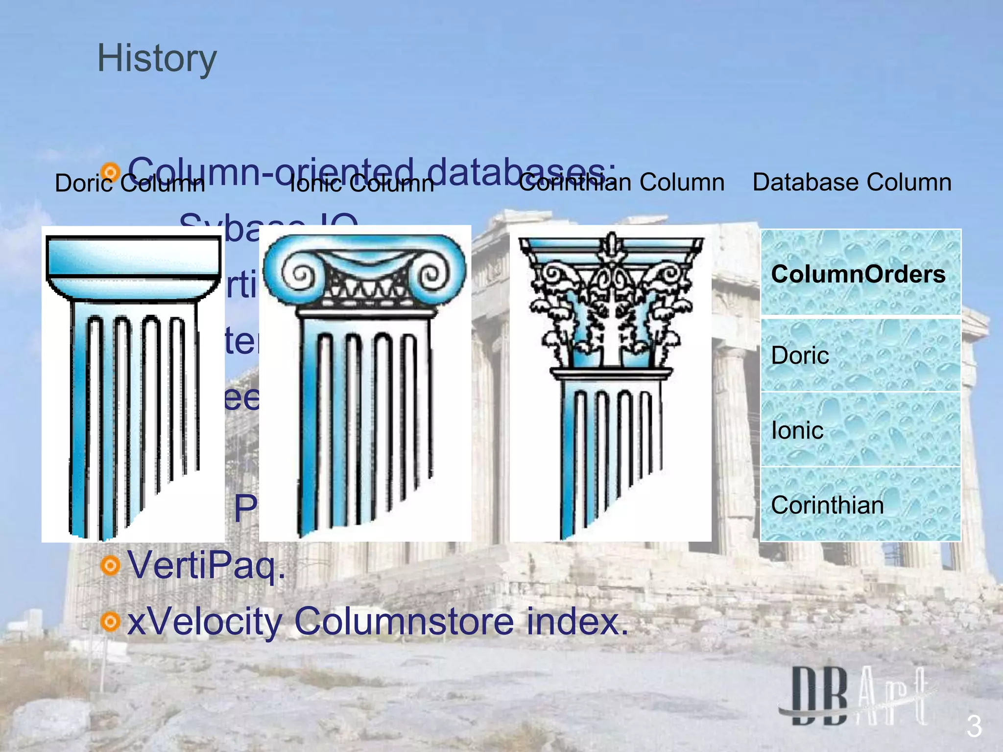 History

 Column-oriented databases:
  –Sybase IQ
  –Vertica                      ColumnOrders

  –Aster Data                   Doric
  –Greenplum
                                Ionic
  –…
 Excel PowerPivot.              Corinthian

 VertiPaq.
 xVelocity Columnstore index.

                                               3
 