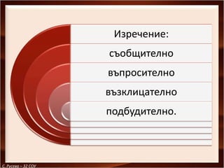 Изречение:
                     съобщително
                     въпросително
                     възклицателно
                     подбудително.



С. Русева – 32 СОУ
 