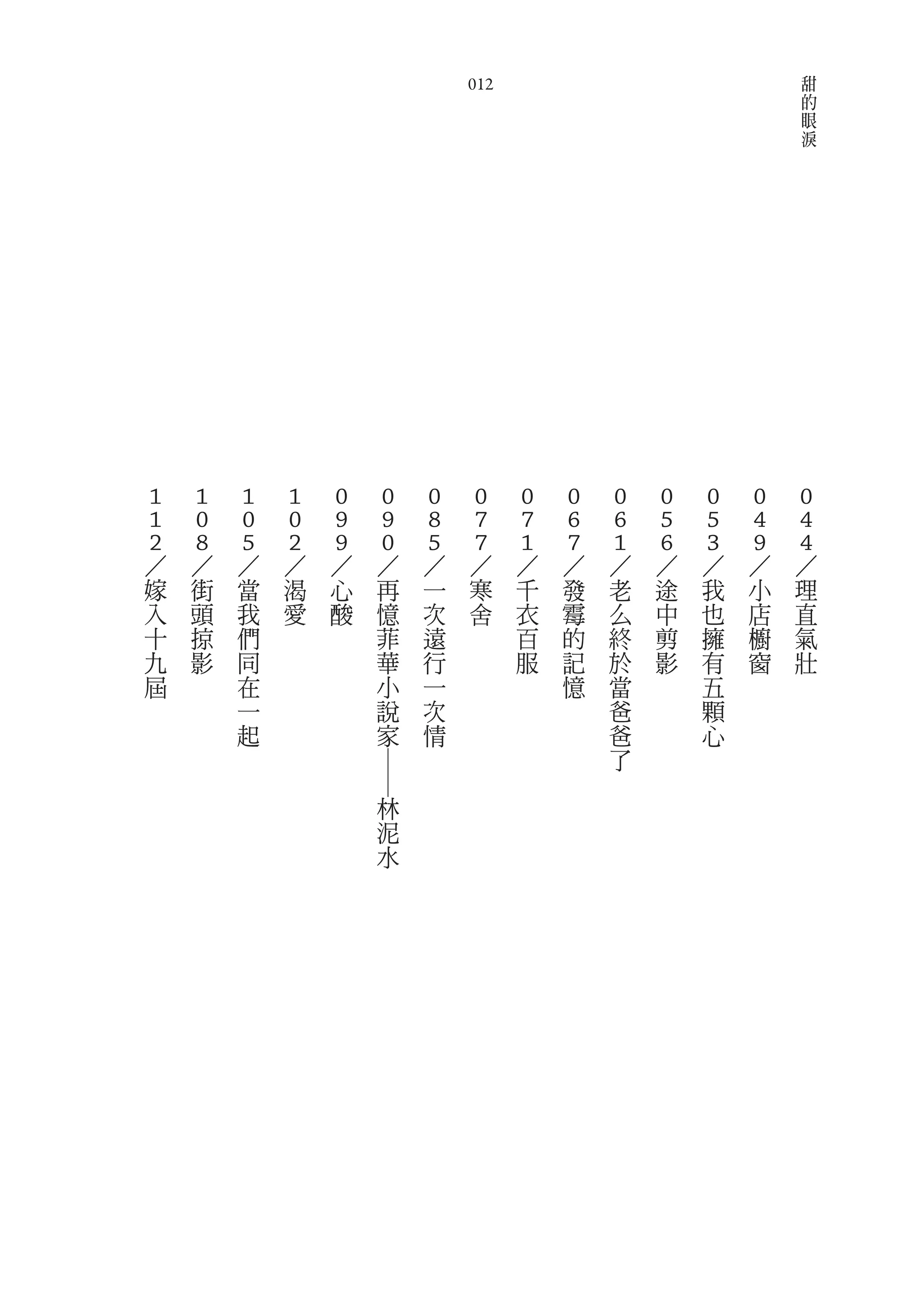 甜
                             012                               的
                                                               眼
                                                               淚




1   1   1   1   0   0    0   0     0   0   0   0   0   0   0
1   0   0   0   9   9    8   7     7   6   6   5   5   4   4
2
／   8
    ／   5
        ／   2
            ／   9
                ／   0
                    ／    5
                         ／   7
                             ／     1
                                   ／   7
                                       ／   1
                                           ／   6
                                               ／   3
                                                   ／   9
                                                       ／   4
                                                           ／
嫁   街   當   渴   心   再    一    寒    千   發   老   途   我   小   理
入   頭   我   愛   酸   憶    次    舍    衣   霉   么   中   也   店   直
十   掠   們           菲    遠         百   的   終   剪   擁   櫥   氣
九   影   同           華    行         服   記   於   影   有   窗   壯
屆       在           小    一             憶   當       五
        一           說    次                 爸       顆
        起           家    情                 爸       心
                                           了
                    ――




                    林
                    泥
                    水
 