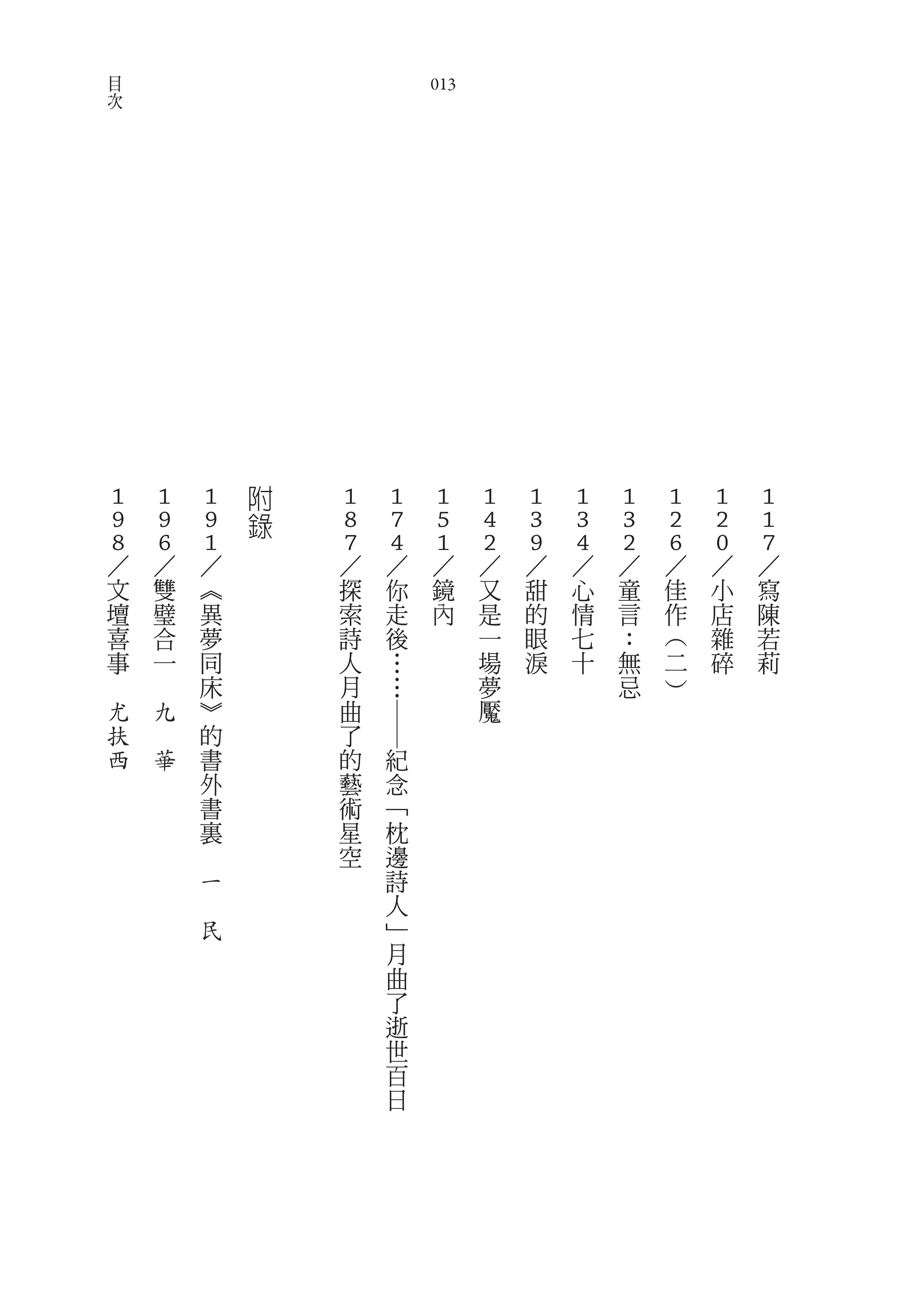 目
    次                                    013




                            附
    1           1       1   錄   1   1    1     1   1   1   1   1   1   1
    9           9       9       8   7    5     4   3   3   3   2   2   1
    8
    ／           6
                ／       1
                        ／       7
                                ／   4
                                    ／    1
                                         ／     2
                                               ／   9
                                                   ／   4
                                                       ／   2
                                                           ／   6
                                                               ／   0
                                                                   ／   7
                                                                       ／
        文       雙       ︽       探   你     鏡    又   甜   心   童   佳   小   寫
        壇       璧       異       索   走     內    是   的   情   言   作   店   陳
        喜       合       夢       詩   後          一   眼   七   ：   ︵   雜   若
        事       一       同       人   …          場   淚   十   無   二   碎   莉
　           　           床       月   …          夢           忌   ︶
        尤       九       ︾       曲              魘
                                    ――




        扶   　           的       了
        西       華       書       的   紀
                        外       藝   念
                        書       術   ﹁
                        裏       星   枕
                    　           空   邊
                        一           詩
                    　               人
                        民           ﹂
                                    月
                                    曲
                                    了
                                    逝
                                    世
                                    百
                                    日
 
