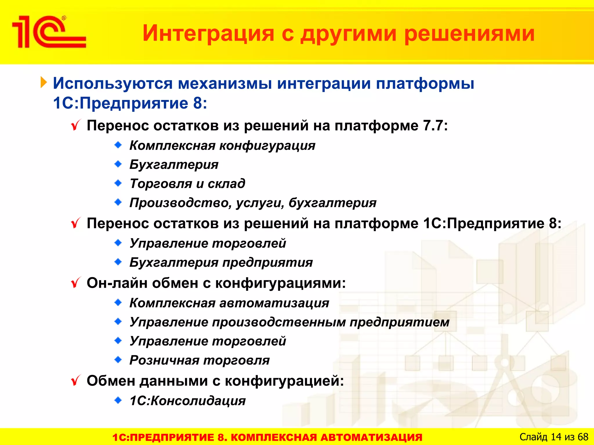 Интеграция с другими решениями

Используются механизмы интеграции платформы
1С:Предприятие 8:
   Перенос остатков из решений на платформе 7.7:
        Комплексная конфигурация
        Бухгалтерия
        Торговля и склад
        Производство, услуги, бухгалтерия
   Перенос остатков из решений на платформе 1С:Предприятие 8:
        Управление торговлей
        Бухгалтерия предприятия
   Он-лайн обмен с конфигурациями:
        Комплексная автоматизация
        Управление производственным предприятием
        Управление торговлей
        Розничная торговля
   Обмен данными с конфигурацией:
        1С:Консолидация

      1C:ПРЕДПРИЯТИЕ 8. КОМПЛЕКСНАЯ АВТОМАТИЗАЦИЯ      Слайд 14 из 68
 
