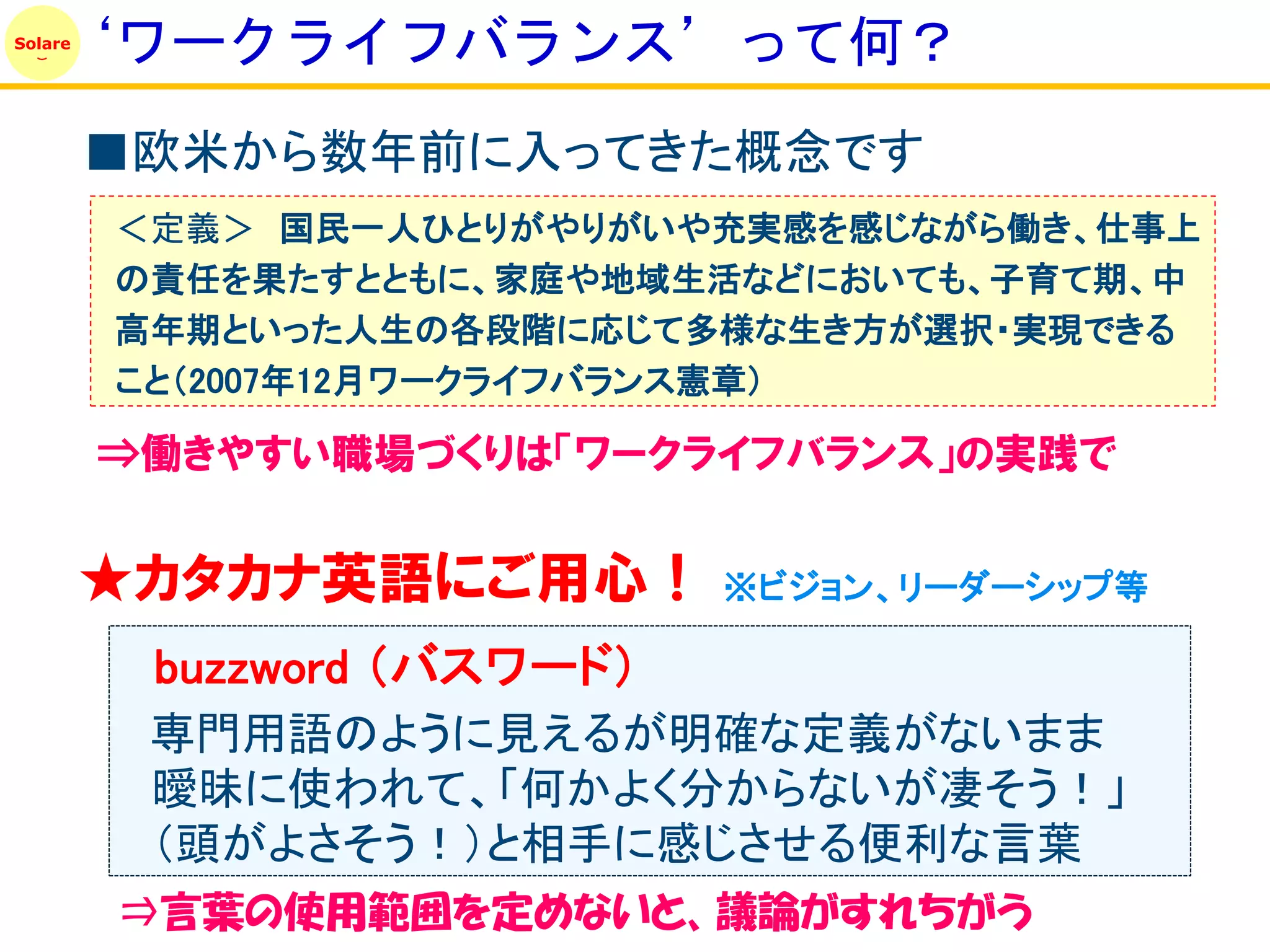 ‘ワークライフバランス’って何？
Solare




         ■欧米から数年前に入ってきた概念です
         ＜定義＞ 国民一人ひとりがやりがいや充実感を感じながら働き、仕事上
         の責任を果たすとともに、家庭や地域生活などにおいても、子育て期、中
         高年期といった人生の各段階に応じて多様な生き方が選択・実現できる
         こと（2007年12月ワークライフバランス憲章）

         ⇒働きやすい職場づくりは「ワークライフバランス」の実践で


         ★カタカナ英語にご用心！        ※ビジョン、リーダーシップ等

          buzzword （バスワード）
          専門用語のように見えるが明確な定義がないまま
          曖昧に使われて、「何かよく分からないが凄そう！」
          （頭がよさそう！）と相手に感じさせる便利な言葉
         ⇒言葉の使用範囲を定めないと、議論がすれちがう
 