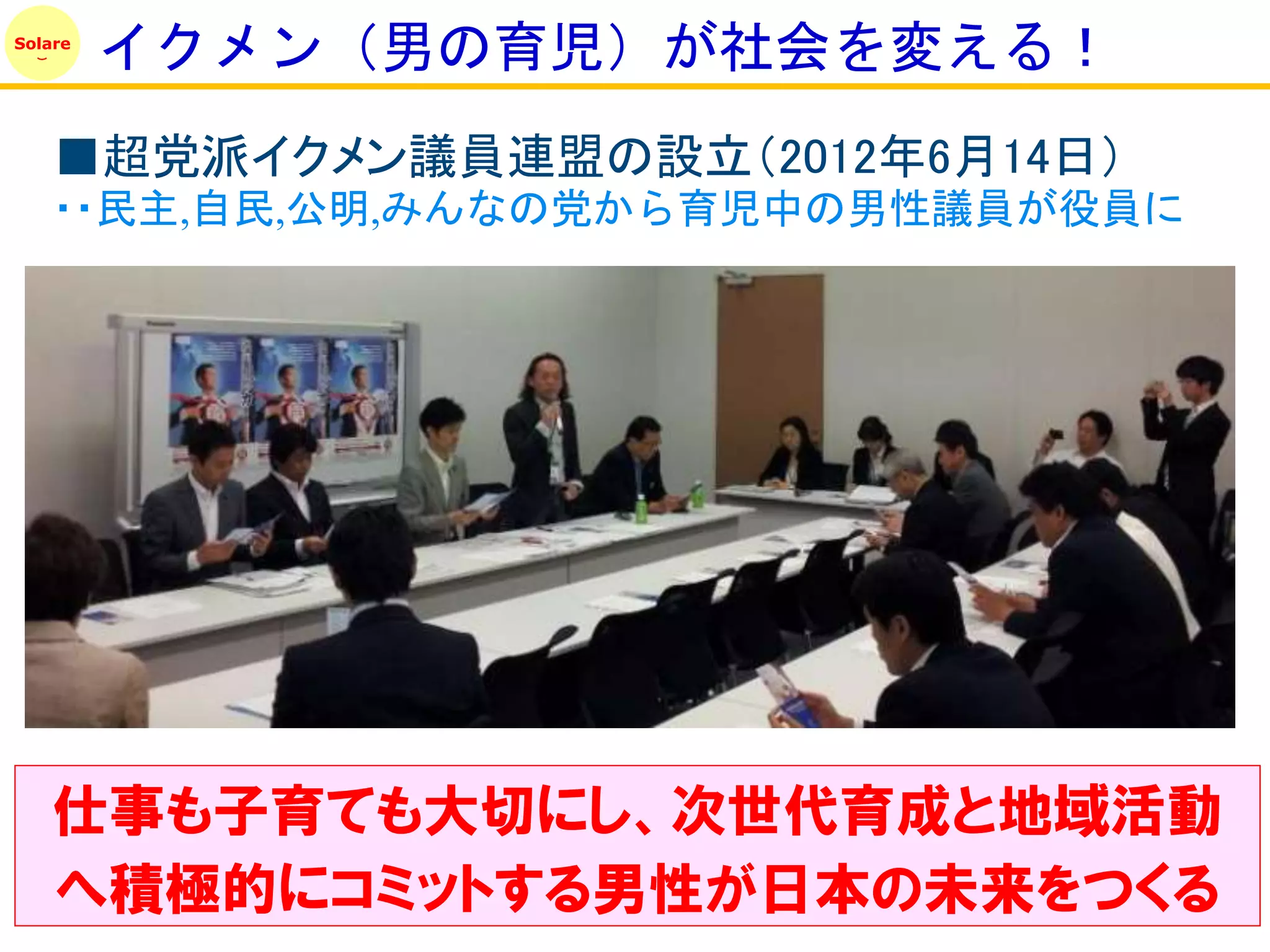 Solare
         イクメン（男の育児）が社会を変える！
    ■超党派イクメン議員連盟の設立（2012年6月14日）
    ・・民主,自民,公明,みんなの党から育児中の男性議員が役員に




    仕事も子育ても大切にし、次世代育成と地域活動
    へ積極的にコミットする男性が日本の未来をつくる
 