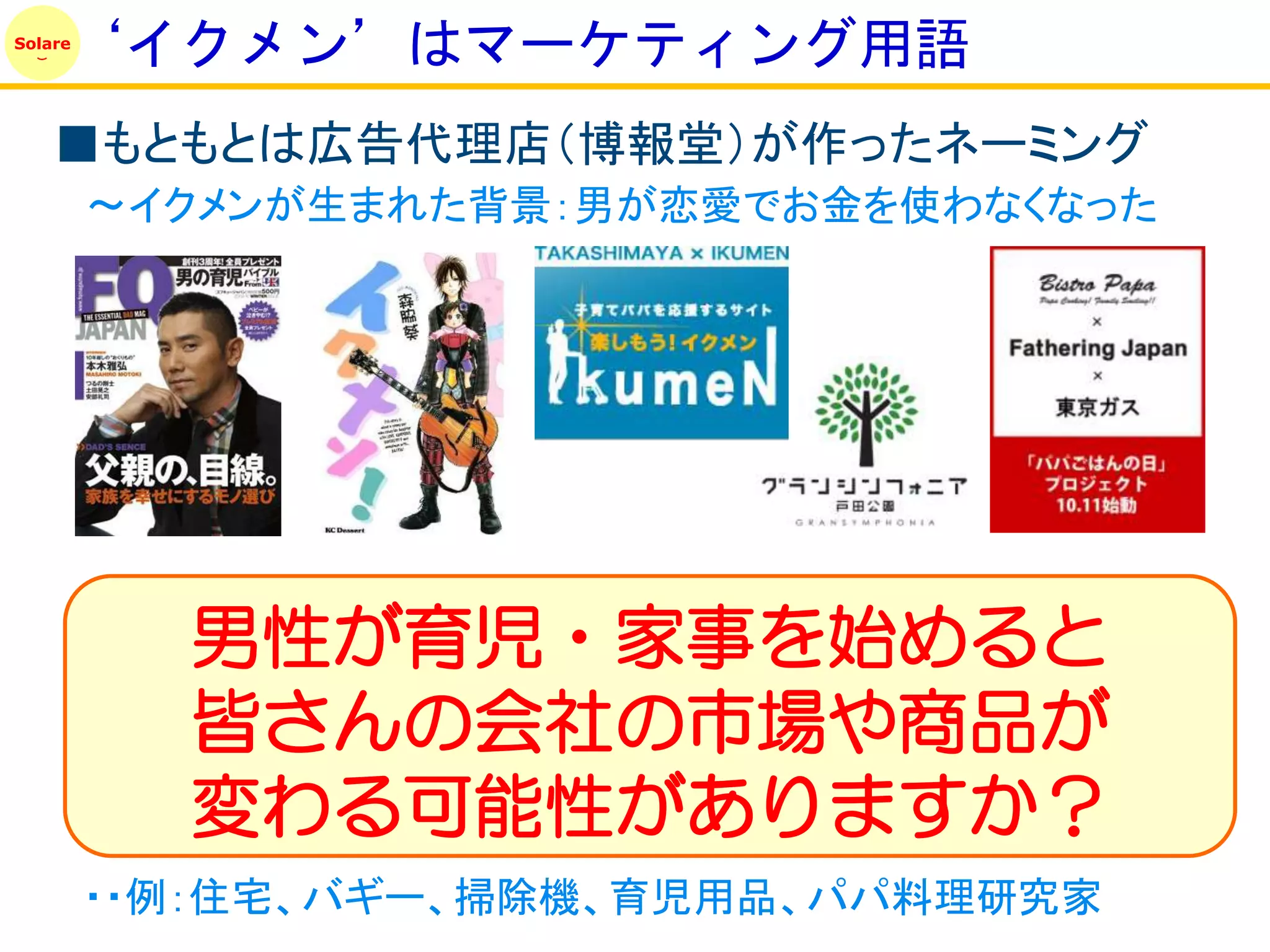 ‘イクメン’はマーケティング用語
Solare




    ■もともとは広告代理店（博報堂）が作ったネーミング
         ～イクメンが生まれた背景：男が恋愛でお金を使わなくなった




           男性が育児・家事を始めると
           皆さんの会社の市場や商品が
           変わる可能性がありますか？
         ・・例：住宅、バギー、掃除機、育児用品、パパ料理研究家
 