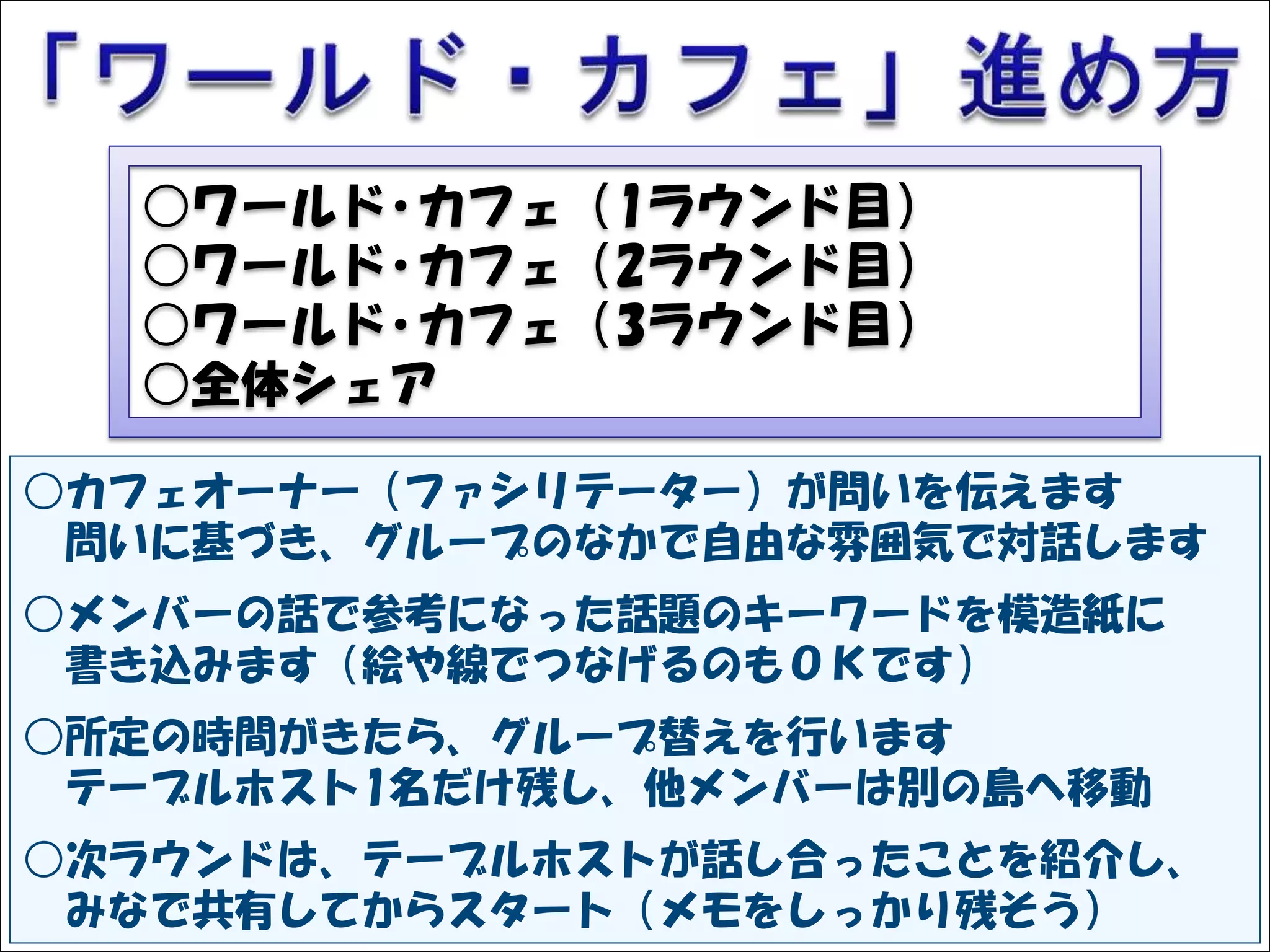 Solare




         ○ワールド･カフェ（1ラウンド目）
         ○ワールド･カフェ（2ラウンド目）
         ○ワールド･カフェ（3ラウンド目）
         ○全体シェア

○カフェオーナー（ファシリテーター）が問いを伝えます
 問いに基づき、グループのなかで自由な雰囲気で対話します
○メンバーの話で参考になった話題のキーワードを模造紙に
 書き込みます（絵や線でつなげるのもＯＫです）
○所定の時間がきたら、グループ替えを行います
 テーブルホスト1名だけ残し、他メンバーは別の島へ移動
○次ラウンドは、テーブルホストが話し合ったことを紹介し、
 みなで共有してからスタート（メモをしっかり残そう）
 