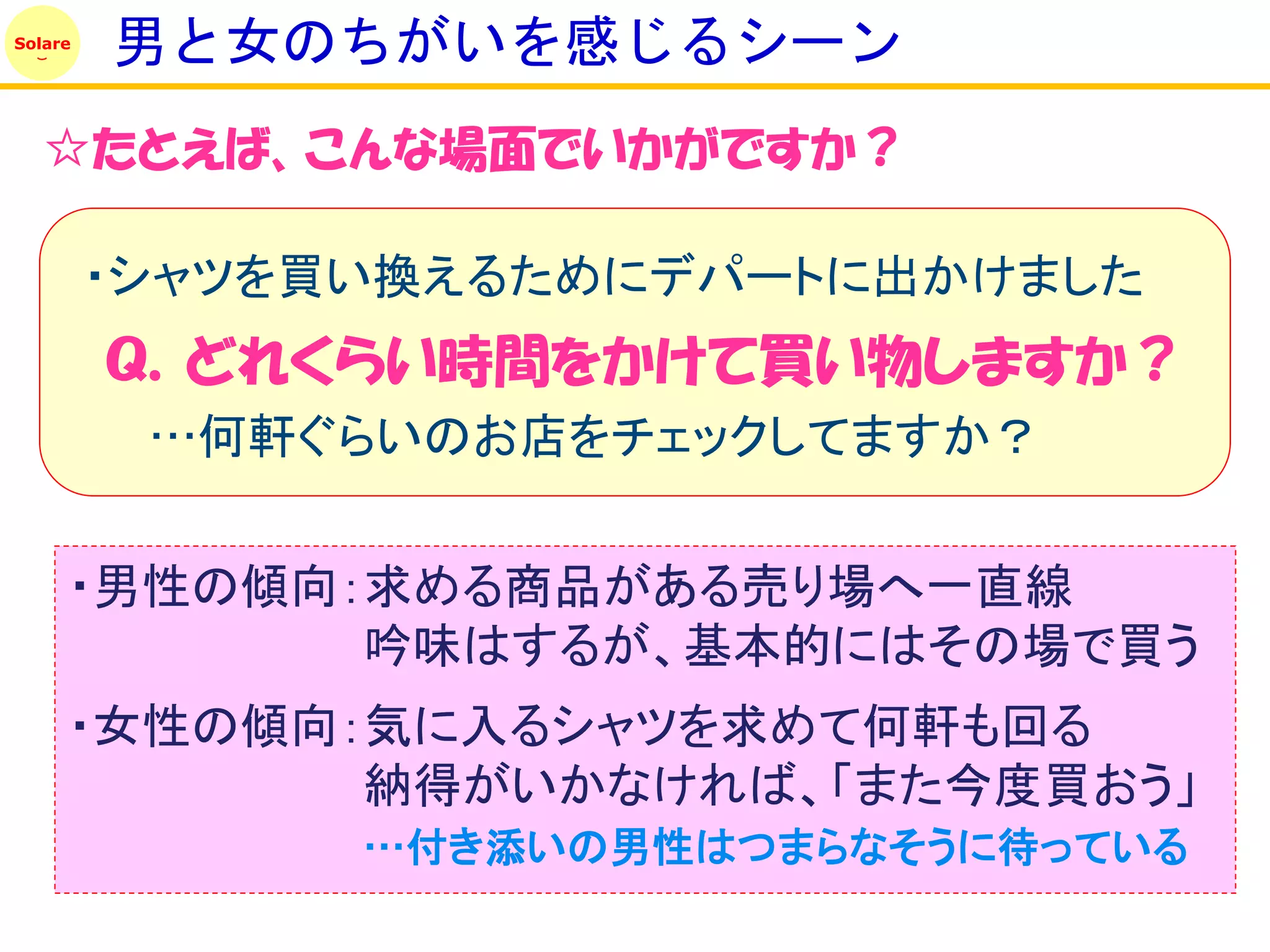 Solare
         男と女のちがいを感じるシーン
   ☆たとえば、こんな場面でいかがですか？

         ・シャツを買い換えるためにデパートに出かけました
         Ｑ．どれくらい時間をかけて買い物しますか？
          …何軒ぐらいのお店をチェックしてますか？


     ・男性の傾向：求める商品がある売り場へ一直線
            吟味はするが、基本的にはその場で買う
     ・女性の傾向：気に入るシャツを求めて何軒も回る
            納得がいかなければ、「また今度買おう」
               …付き添いの男性はつまらなそうに待っている
 