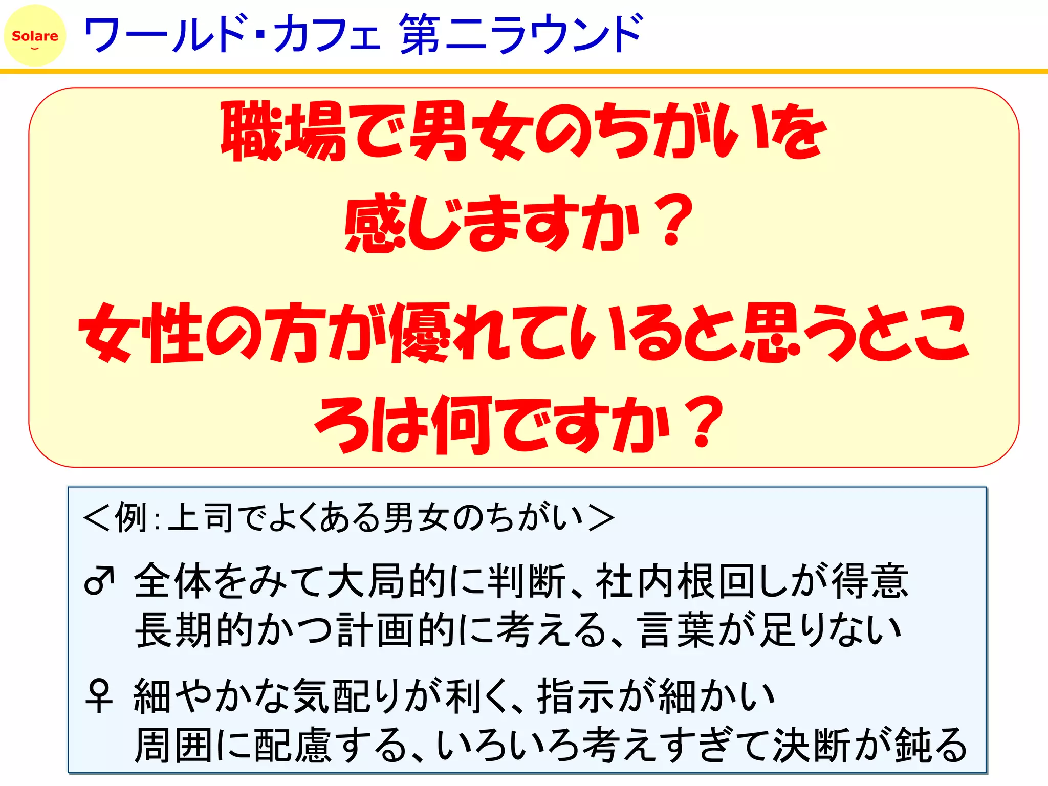 Solare
         ワールド・カフェ 第二ラウンド

             職場で男女のちがいを
               感じますか？
         女性の方が優れていると思うとこ
             ろは何ですか？
         ＜例：上司でよくある男女のちがい＞
         ♂ 全体をみて大局的に判断、社内根回しが得意
           長期的かつ計画的に考える、言葉が足りない
         ♀ 細やかな気配りが利く、指示が細かい
           周囲に配慮する、いろいろ考えすぎて決断が鈍る
 