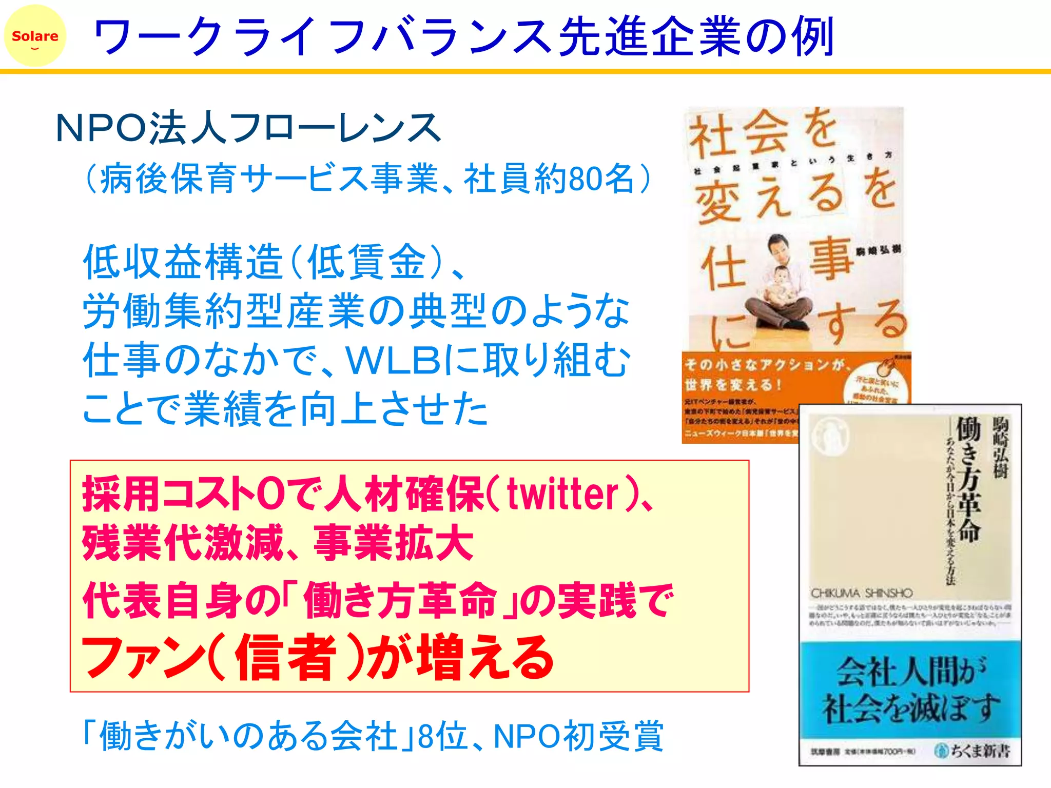Solare
         ワークライフバランス先進企業の例
     ＮＰＯ法人フローレンス
         （病後保育サービス事業、社員約80名）

         低収益構造（低賃金）、
         労働集約型産業の典型のような
         仕事のなかで、ＷＬＢに取り組む
         ことで業績を向上させた

         採用コスト０で人材確保（twitter）、
         残業代激減、事業拡大
         代表自身の「働き方革命」の実践で
         ファン（信者）が増える
         「働きがいのある会社」8位、NPO初受賞
 