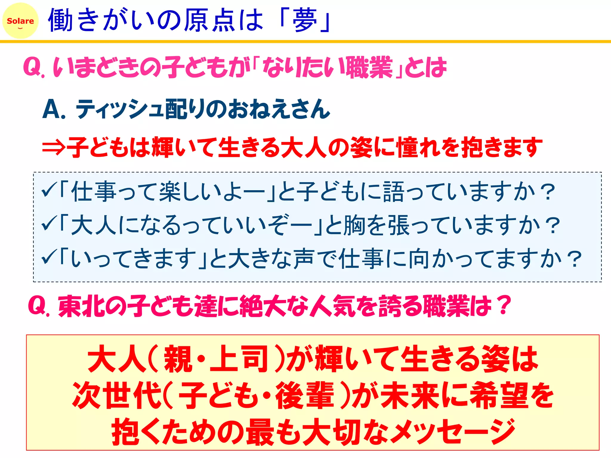 Solare
         働きがいの原点は「夢」
   Ｑ. いまどきの子どもが「なりたい職業」とは
         Ａ．ティッシュ配りのおねえさん
         ⇒子どもは輝いて生きる大人の姿に憧れを抱きます
         「仕事って楽しいよー」と子どもに語っていますか？
         「大人になるっていいぞー」と胸を張っていますか？
         「いってきます」と大きな声で仕事に向かってますか？
    Ｑ. 東北の子ども達に絶大な人気を誇る職業は？

           大人（親・上司）が輝いて生きる姿は
          次世代（子ども・後輩）が未来に希望を
            抱くための最も大切なメッセージ
 