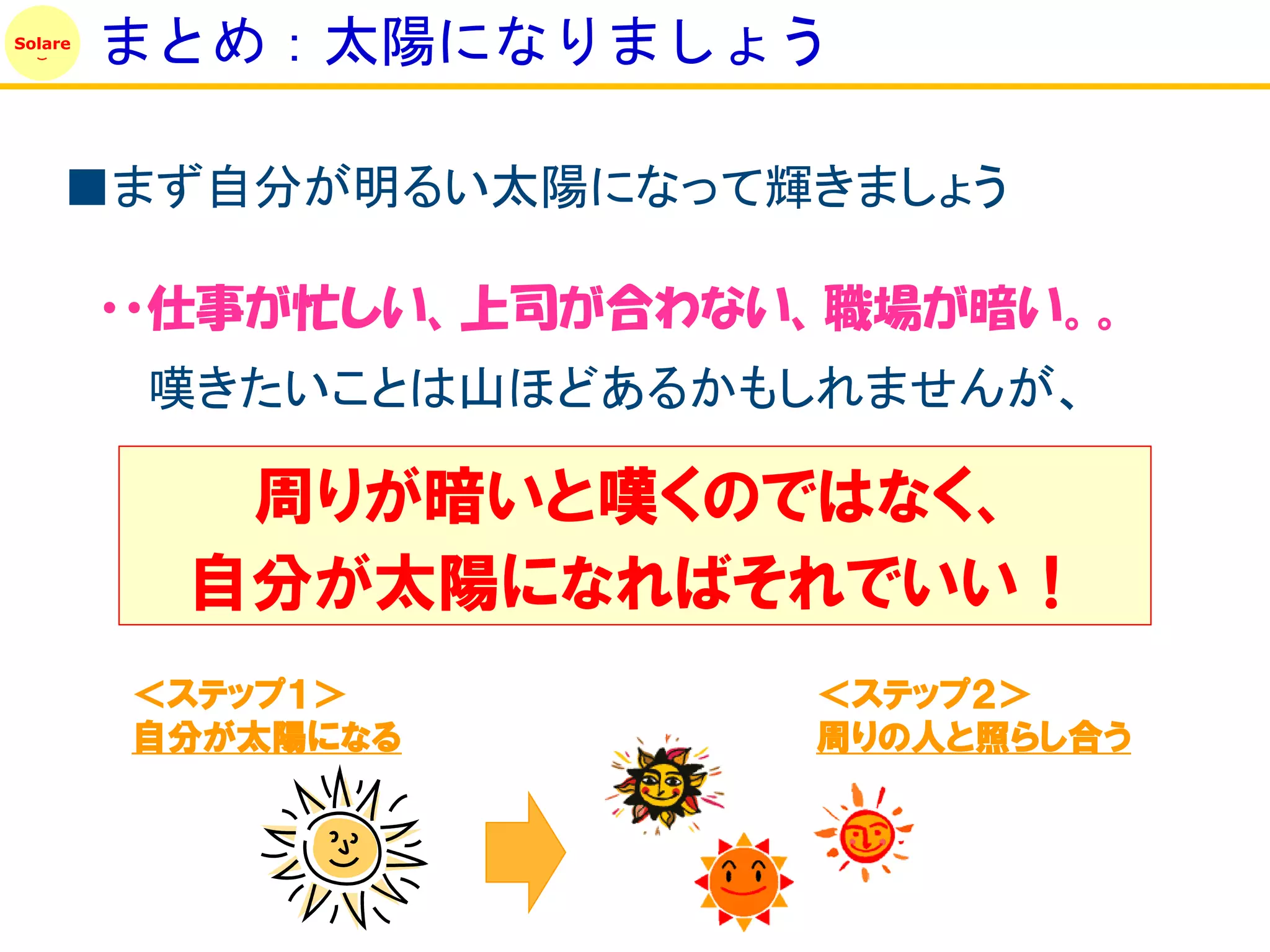Solare
         まとめ：太陽になりましょう

     ■まず自分が明るい太陽になって輝きましょう

         ・・仕事が忙しい、上司が合わない、職場が暗い。。
          嘆きたいことは山ほどあるかもしれませんが、

            周りが暗いと嘆くのではなく、
           自分が太陽になればそれでいい！
         ＜ステップ１＞         ＜ステップ２＞
         自分が太陽になる        周りの人と照らし合う
 