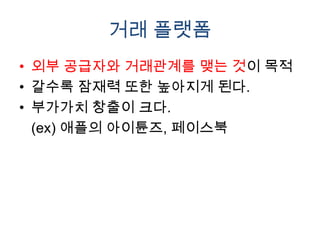 거래 플랫폼
• 외부 공급자와 거래관계를 맺는 것이 목적
• 갈수록 잠재력 또한 높아지게 된다.
• 부가가치 창출이 크다.
  (ex) 애플의 아이튠즈, 페이스북
 