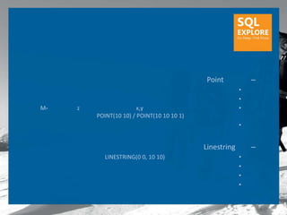 Point           –
                                                         •
                                                         •
M-   z                  x,y                              •
         POINT(10 10) / POINT(10 10 10 1)
                                                         •


                                            Linestring       –
           LINESTRING(0 0, 10 10)                        •
                                                         •
                                                         •
                                                         •
 