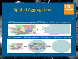 Spatial Aggregation
                                                                                      •
•   SELECT Geography::UnionAggregate(geog) FROM Counties WHERE name = 'Washington';




•   SELECT Geography::EnvelopeAggregate(geog) FROM Counties WHERE name = Washington';

•
 