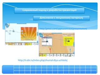 Современный подход к разработке презентаций


                     Дополнение к лекционному материалу



                     http://prezi.com/2pptxzsmvezt/presentation/




http://it-obr.ru/index.php/zhurnal-dlya-uchitelej
 