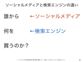 ソーシャルメディアと検索エンジンの違い


誰から  ←ソーシャルメディア

何を   ←検索エンジン

買うのか？

   イーンスパイア(株) 横田秀珠の著作権を尊重しつつ、是非ノウハウはシェアして行きましょう。   24
 