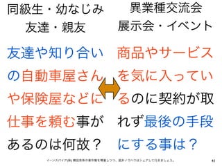 同級生・幼なじみ                    異業種交流会
  友達・親友                    展示会・イベント

友達や知り合い 商品やサービス
の自動車屋さん を気に入ってい
や保険屋などに るのに契約が取
仕事を頼む事が れず最後の手段
あるのは何故？ にする事は？
   イーンスパイア(株) 横田秀珠の著作権を尊重しつつ、是非ノウハウはシェアして行きましょう。   41
 