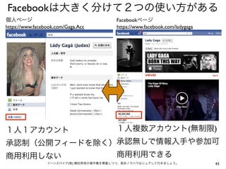 Facebookは大きく分けて２つの使い方がある
個人ページ                                   Facebookページ
https://www.facebook.com/Gaga.Acc       https://www.facebook.com/ladygaga




１人１アカウント                                １人複数アカウント(無制限)
承認制（公開フィードを除く）承認無しで情報入手や参加可
商用利用しない       商用利用できる
                 イーンスパイア(株) 横田秀珠の著作権を尊重しつつ、是非ノウハウはシェアして行きましょう。              43
 