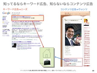 知ってるならキーワード広告、知らないならコンテンツ広告
キーワード広告 ニーズ                            コンテンツ広告 ウォンツ




                          HP

       イーンスパイア(株) 横田秀珠の著作権を尊重しつつ、是非ノウハウはシェアして行きましょう。   84
 
