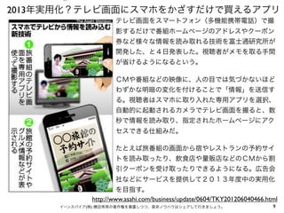 ⑤
2013年実用化？テレビ画面にスマホをかざすだけで買えるアプリ
                    テレビ画面をスマートフォン（多機能携帯電話）で撮
                    影するだけで番組ホームページのアドレスやクーポン
                    券など様々な情報を読み取れる技術を富士通研究所が
                    開発した、と４日発表した。視聴者がメモを取る手間
                    が省けるようになるという。

                    ＣＭや番組などの映像に、人の目では気づかないほど
                    わずかな明暗の変化を付けることで「情報」を送信す
                    る。視聴者はスマホに取り入れた専用アプリを選択、
                    自動的に起動されるカメラでテレビ画面を撮ると、数
                    秒で情報を読み取り、指定されたホームページにアク
                    セスできる仕組みだ。

                    たとえば旅番組の画面から宿やレストランの予約サイ
                    トを読み取ったり、飲食店や量販店などのＣＭから割
                    引クーポンを受け取ったりできるようになる。広告会
                    社などにサービスを提供して２０１３年度中の実用化
                      を目指す。
             http://www.asahi.com/business/update/0604/TKY201206040466.html
     イーンスパイア(株) 横田秀珠の著作権を尊重しつつ、是非ノウハウはシェアして行きましょう。                       9
 