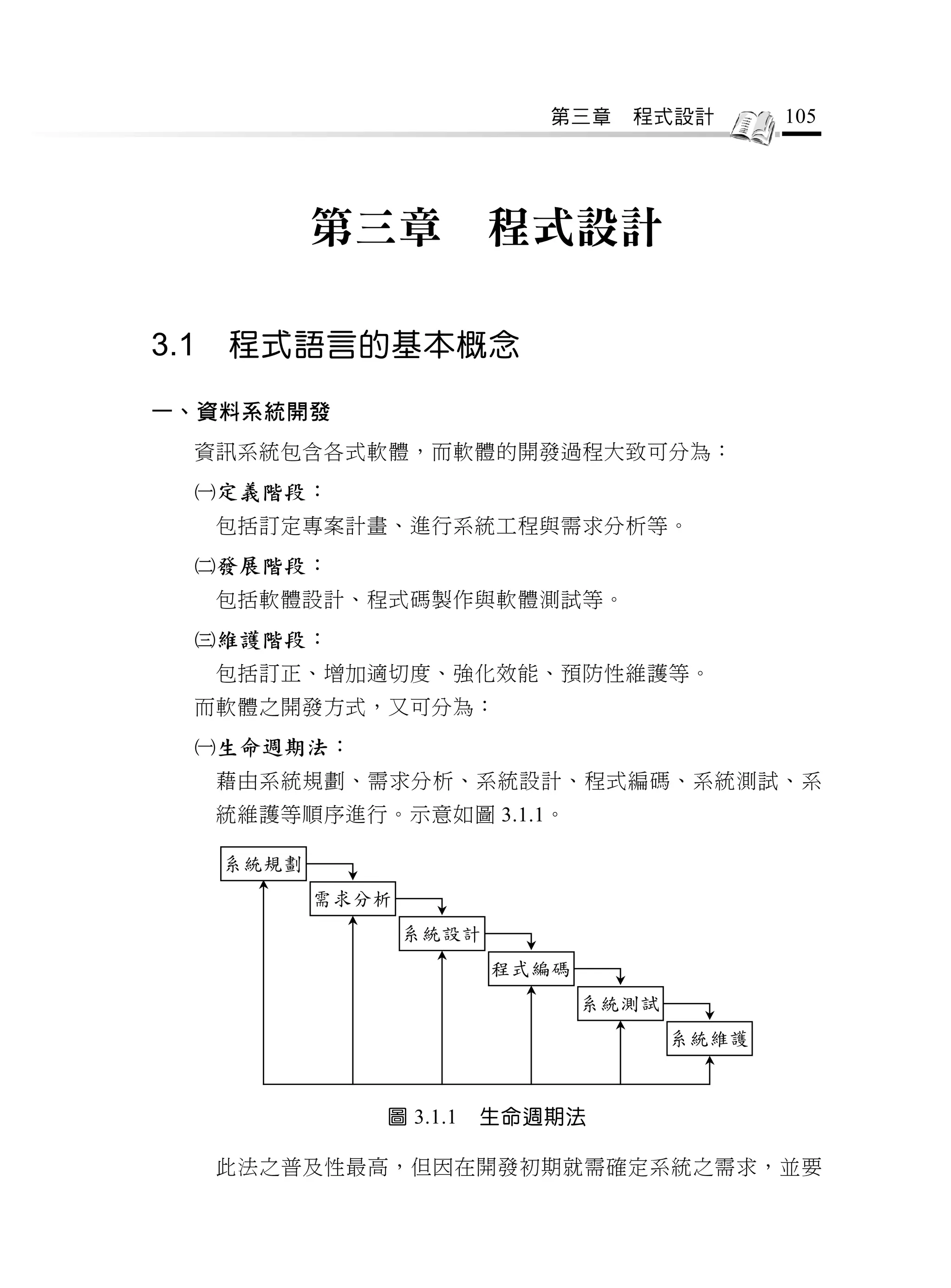 第三章   程式設計        105




             第三章           程式設計

3.1   程式語言的基本概念

一、資料系統開發
  資訊系統包含各式軟體，而軟體的開發過程大致可分為：
  定義階段：
      包括訂定專案計畫、進行系統工程與需求分析等。
  發展階段：
      包括軟體設計、程式碼製作與軟體測試等。
  維護階段：
      包括訂正、增加適切度、強化效能、預防性維護等。
  而軟體之開發方式，又可分為：
  生命週期法：
      藉由系統規劃、需求分析、系統設計、程式編碼、系統測試、系
      統維護等順序進行。示意如圖 3.1.1。

      系統規劃
             需求分析
                    系統設計
                           程式編碼
                                  系統測試
                                         系統維護



                圖 3.1.1   生命週期法

      此法之普及性最高，但因在開發初期就需確定系統之需求，並要
 