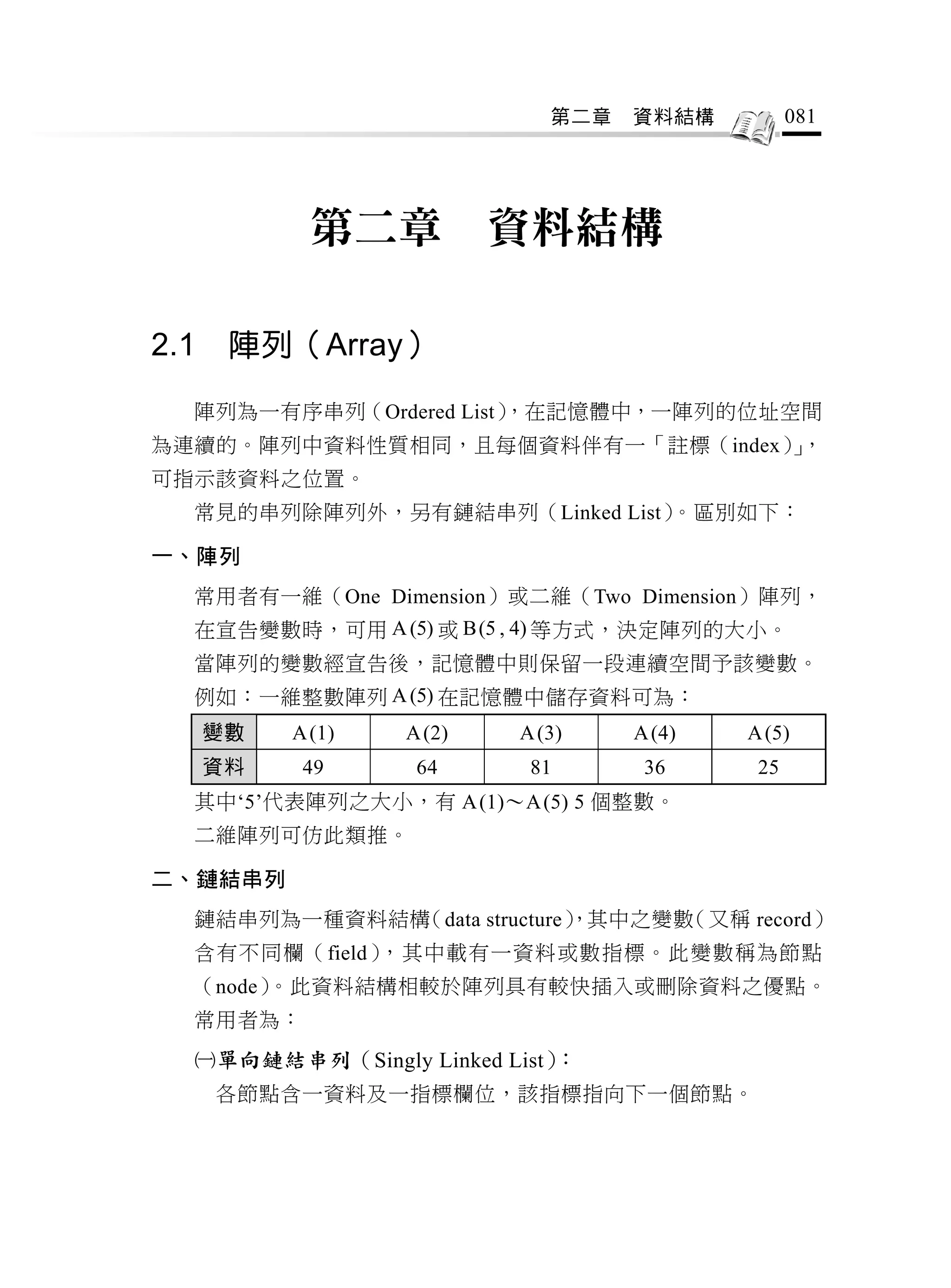 第二章   資料結構          081




             第二章           資料結構

2.1    陣列（Array）

  陣列為一有序串列（Ordered List）
                       ，在記憶體中，一陣列的位址空間
為連續的。陣列中資料性質相同，且每個資料伴有一「註標（index） ，
                                 」
可指示該資料之位置。
  常見的串列除陣列外，另有鏈結串列（Linked List）。區別如下：

一、陣列
  常用者有一維（One Dimension）或二維（Two Dimension）陣列，
  在宣告變數時，可用 A (5) 或 B(5 , 4) 等方式，決定陣列的大小。
  當陣列的變數經宣告後，記憶體中則保留一段連續空間予該變數。
  例如：一維整數陣列 A (5) 在記憶體中儲存資料可為：
      變數   A (1)   A (2)   A (3)    A (4)   A (5)
      資料    49      64      81       36      25
  其中‘5’代表陣列之大小，有 A (1)～A (5) 5 個整數。
  二維陣列可仿此類推。

二、鏈結串列
  鏈結串列為一種資料結構（data structure）
                            ，其中之變數（又稱 record）
  含有不同欄（field），其中載有一資料或數指標。此變數稱為節點
  （node）。此資料結構相較於陣列具有較快插入或刪除資料之優點。
  常用者為：
  單向鏈結串列（Singly Linked List）：
      各節點含一資料及一指標欄位，該指標指向下一個節點。
 