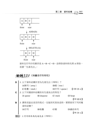 第二章     資料結構      085



     A      B     C


    front        rear

                  ADD (D)

     A      B     C      D


    front               rear

                  DELETE (A)

            B     C      D


         front          rear
    資料在佇列中的順序是 A→B→C→D，故移除資料時先將 A 移除，
    是謂「先進先出」。



         2.2.1 《堆疊及佇列特性》

D    以下資料結構何者為先進先出（FIFO）？
      陣列（array）                           樹（tree）
      堆疊（stack）                           佇列（queue）   【100 身心】
C    以下何種資料結構具有先進後出的特性？
       queue                   dequeue    stack     heap
                                                         【99 國安】
B    撰寫老鼠走迷宮的程式，在碰到死巷後退時，需要使用下列何種
      資料結構？
      佇列                      堆疊         樹         鏈結串列
                                                         【98 身心】
：佇列特性為先進先出（FIFO）。
 