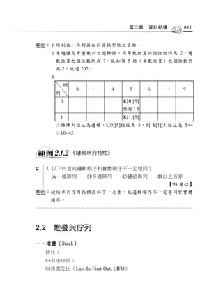 第二章     資料結構             083


：陣列為一序列具相同資料型態之資料。
      本題僅需考量數列之邏輯性，因單數位置的個位數均為 2，雙
          數位置之個位數均為 7，故知第 5 數（單數位置）之個位數仍
          為 2，故選 202。
      
              欄
                   0     …        4       5       6       …       9
          列
           0                           K[0][5]
                                       位址：5
           1                           K[1][5]
          二維陣列位址為連續，k[0][5]位址為 5，則 k[1][5]位址為 5+4
          ×10=45



        2.1.2 《鏈結串列特性》

C    以下何者的邏輯順序和實體順序不一定相同？
       一維陣列           多維陣列           鏈結串列           以上皆非
                                                           【98 身心】
：鏈結串列可用指標指向下一元素，故邏輯順序不一定等同於實體
      順序。
                                  



2.2     堆疊與佇列

一、堆疊（Stack）
    特性：
    有序串列。
    後進先出（Last-In-First-Out, LIFO）
 