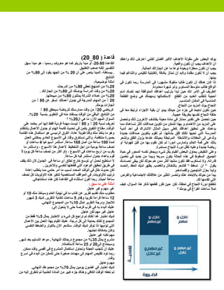 ‫=‬
                                                                                                                                                       ‫=‬
                                                ‫ﻗﺎﻋﺪﺓ ) 08_02(‬               ‫ﻳﺆﻛﺪ ﺍﻟﺒﻌﺾ ﻋﻠﻰ ﻣﻘﻮﻟﺔ ﺍﻷﻫﺪﺍﻑ ﺍﻷﻛﺒﺮ ﺃﻓﻀﻞ, ﻟﻜﻨﻨﻲ ﺃﻋﺎﺭﺽ ﺫﻟﻚ ﻭﺍﻋﺘﻘﺪ‬
     ‫ﺍﻟﻘﺎﻋﺪﺓ 08-02، ﺃﻭ ﻣﺒﺪﺃ ﺑﺎﺭﻳﺘﻮ ﻛﻤﺎ ﻫﻮ ﻣﻌﺮﻭﻑ ﺭﺳﻤﻴﺎ ، ﻫﻮ ﻣﺒﺪﺃ ﺳﻬﻞ‬                                                    ‫ﺃﻥ ﺍﻷﻫﺪﺍﻑ ﻳﺠﺐ ﺃﻥ ﺗﻜﻮﻥ ﻭﺍﻗﻌﻴﺔ.‬
                                               ‫ﺍﻟﺘﻔﺴﻴﺮ ﻟﻜﻨﻪ ﺻﻌﺐ ﺍﻟﺘﻄﺒﻴﻖ‬                     ‫ﻳﺠﺐ ﺃﻥ ﺗﻜﻮﻥ ﻣﺤﻔﺰﺓ ﻭﺑﻌﻴﺪﺓ ﻧﻮﻋﺎ ﻣﺎ ﻋﻦ ﺍﻧﺠﺎﺯﺍﺗﻚ ﺍﻟﺤﺎﻟﻴﺔ.‬
       ‫. ﺑﺒﺴﺎﻃﺔ، ﺍﻟﻤﺒﺪﺃ ﻳﻨﺺ ﻋﻠﻰ ﺃﻥ 02 % ﻣﻦ ﺍﻟﺠﻬﺪ ﻳﻘﻮﺩ ﺇﻟﻰ 08% ﻣﻦ‬             ‫ﻳﺠﺐ ﺃﻥ ﻻ ﺗﻜﻮﻥ ﻣﻘﻠﺪﺓ ﻭﻻﺑﺪ ﺃﻥ ﺗﻤﺘﺎﺯ ﺑﺎﻟﺪﻗﺔ ,ﺍﻟﻘﺎﺑﻠﻴﺔ ﻟﻠﻘﻴﺎﺱ ﻭﺍﻟﺘﻨﺎﻏﻢ ﻓﻴﻤﺎ‬
                                                                  ‫ﺍﻟﻨﺘﺎﺋﺞ.‬                                                                         ‫ﺑﻴﻨﻬﺎ.‬
                                                         ‫ﺃﻣﺜﻠﺔ ﺗﻮﺿﻴﺤﻴﺔ:‬      ‫ﺇﺫﺍ ﻛﺎﻥ ﻫﺪﻓﻚ ﺃﻥ ﺗﻜﻮﻥ ﻃﺎﻟﺒﺎ ﻣﺘﻔﻮﻗﺎ ﻣﺸﻬﻮﺭﺍ ﻓﻲ ﺍﻟﻤﺪﺭﺳﺔ ﺭﺑﻤﺎ ﺗﻜﻮﻥ ﻓﻲ‬
                               ‫02% ﻣﻦ ﺍﻟﻤﻨﻬﺞ ﺗﻌﻄﻲ 08% ﻣﻦ ﺍﻟﺪﺭﺟﺎﺕ‬                                     ‫ﺍﻟﻮﺍﻗﻊ ﻃﺎﻟﺐ ﻣﺘﻮﺳﻂ ﺍﻟﻤﺴﺘﻮﻯ ﻭﺫﻭ ﺷﻬﺮﺓ ﻣﺤﺪﻭﺩﺓ.‬
                ‫02% ﻣﻦ ﻭﻗﺖ ﺍﻟﺪﺭﺍﺳﺔ ﻳﻮﺻﻠﻚ ﺇﻟﻰ 08% ﻣﻦ ﺍﻧﺠﺎﺯﺍﺗﻚ .‬               ‫ﺍﻟﻄﺮﻳﻒ ﻓﻲ ﺍﻷﻣﺮ ﺍﻧﻚ ﺣﻴﻦ ﺗﺒﺪﺃ ﺑﺘﺮﺗﻴﺐ ﺃﻫﺪﺍﻓﻚ ﺍﻟﻤﺘﻮﺍﻓﻘﺔ ﺗﺠﺪ ﻧﻔﺴﻚ ﺃﻣﺎﻡ‬
                     ‫02% ﻣﻦ ﻋﻤﻼء ﺍﻟﺸﺮﻛﺔ ﻳﻤﺜﻠﻮﻥ 08% ﻣﻦ ﻣﺒﻴﻌﺎﺗﻬﺎ.‬              ‫ﺃﺣﺠﻴﺔ ﺗﺘﻄﻠﺐ ﺍﻟﻌﺪﻳﺪ ﻣﻦ ﺍﻟﻘﻄﻊ ﻻﺳﺘﻜﻤﺎﻟﻬﺎ ﻭﻣﻬﻤﺘﻚ ﻫﻲ ﻭﺿﻊ ﺍﻟﻘﻄﻌﺔ‬
           ‫02 ٪ ﻣﻦ ﺍﻟﻤﻬﺎﻡ ﺍﻟﻤﺪﺭﺟﺔ ﻓﻲ ﺟﺪﻭﻝ ﺃﻋﻤﺎﻟﻚ ﺗﺴﻔﺮ ﻋﻦ 08 ٪ ﻣﻦ‬                                                            ‫ﺍﻟﻤﻨﺎﺳﺒﺔ ﻓﻲ ﺍﻟﻤﻜﺎﻥ ﺍﻟﻤﻨﺎﺳﺐ.‬
                                                          ‫ﺍﻧﺠﺎﺯﺍﺕ ﻳﻮﻣﻚ.‬                                                    ‫ﺍﻟﻨﺠﺎﺡ ﻳﻮﻟﺪ ﺍﻟﻤﺰﻳﺪ ﻣﻦ ﺍﻟﻨﺠﺎﺡ.‬
                 ‫ﻛﺮﻳﺎﺿﻲ 02٪ ﻣﻦ ﻭﻗﺖ ﻣﻤﺎﺭﺳﺘﻚ ﻟﻠﺮﻳﺎﺿﺔ ﺳﻴﺤﻘﻖ 08 ٪‬                ‫ﺣﻴﻦ ﺗﻜﻮﻥ ﻧﺎﺟﺤﺎ ﻓﻲ ﺟﺰء ﻣﻦ ﺣﻴﺎﺗﻚ ﻳﺒﺪﻭ ﺃﻥ ﺑﻘﻴﺔ ﺍﻷﺟﺰﺍء ﺗﺮﺗﺒﻂ ﻣﻌﺎ ﻓﻲ‬
        ‫ﻣﻦ ﺍﻟﻨﺘﺎﺋﺞ. ﺍﻟﺒﺎﻗﻲ ﻣﻦ ﺍﻟﻮﻗﺖ ﻳﺴﺘﻔﺎﺩ ﻣﻨﻪ ﻓﻲ ﺍﻟﺘﻄﻮﻳﺮ ﺑﻨﺴﺒﺔ 02%.‬                                                  ‫ﺣﻠﻘﺔ ﺍﻟﻨﺠﺎﺡ ﻧﻔﺴﻬﺎ ﺑﻄﺮﻳﻘﺔ ﻋﺠﻴﺒﺔ.‬
                                      ‫ﺍﻟﺴﺆﺍﻝ ﺍﻟﻤﻬﻢ ﺍﻵﻥ: ﻣﺎ ﻫﻲ ﺍﻝ02% ؟‬        ‫ﺣﻴﻦ ﺗﺤﺼﻞ ﻋﻠﻰ ﺗﻘﺪﻳﺮ ﻣﻤﺘﺎﺯ ﻓﻲ ﻣﺎﺩﺓ ﻣﻌﻴﻨﺔ ﻳﻜﺘﺸﻒ ﺍﻵﺧﺮﻭﻥ ﺫﻟﻚ ﻭﺗﺤﺼﻞ‬
    ‫ﺗﻌﺮﻳﻒ ﻧﺴﺒﺔ 02 ٪ ﻭ 08 ٪ ﻟﻴﺴﺖ ﻣﻬﻤﺔ ﻓﺮﺩﻳﺔ ﻓﻘﻂ ﺇﻧﻬﺎ ﺃﻣﺮ ﻳﻌﺘﻤﺪ ﻋﻠﻰ‬            ‫ﻋﻠﻰ ﺍﻟﻤﺰﻳﺪ ﻣﻦ ﺍﻻﻫﺘﻤﺎﻡ ﻭ ﺑﻬﺬﺍ ﺗﺘﻤﻜﻦ ﻣﻦ ﺗﻜﻮﻳﻦ ﺻﺪﺍﻗﺎﺕ ﺃﻛﺜﺮ ﺗﺴﺎﻋﺪﻙ ﻣﻤﺎ‬
 ‫ﺍﻟﻮﻗﺖ. ﻣﻔﺘﺎﺡ ﺍﻟﺘﻔﻮﻕ ﻳﻜﻤﻦ ﻓﻲ ﺗﺤﺪﻳﺚ ﻗﺎﺋﻤﺔ ﺍﻟﻬﺎﻡ ﺃﻭ ﺟﺪﻭﻝ ﺍﻷﻋﻤﺎﻝ ﺑﺎﻧﺘﻈﺎﻡ‬        ‫ﻳﺪﻋﻤﻚ ﻋﻠﻰ ﺗﺤﻘﻴﻖ ﺃﻫﺪﺍﻓﻚ .ﻓﻌﻠﻰ ﺳﺒﻴﻞ ﺍﻟﻤﺜﺎﻝ ﺍﻻﺷﺘﺮﺍﻙ ﻓﻲ ﺍﺣﺪ ﺃﻧﺪﻳﺔ‬
‫ﻭﻫﻮ ﻣﺎ ﻳﺄﺧﺬ ﻣﻨﻚ ﻭﻗﺘﺎ ﻃﻮﻳﻼ ﻋﺎﺩﺓ، ﺍﻟﻔﺮﻕ ﺍﻟﺮﺋﻴﺴﻲ ﻫﻮ ﺍﺳﺘﻜﻤﺎﻝ ﻫﺬﻩ ﺍﻟﻘﺎﺋﻤﺔ‬         ‫ﺍﻟﻤﺪﺭﺳﺔ ﺍﻟﺘﻲ ﺗﺤﺒﻬﺎ ﻟﻜﻨﻚ ﻗﻠﻖ ﺑﺸﺄﻧﻬﺎ، ﺛﻢ ﺗﻘﻮﻡ ﺑﺘﻜﻮﻳﻦ ﺻﺪﺍﻗﺎﺕ ﺟﺪﻳﺪﺓ‬
     ‫ﺑﺼﻮﺭﺓ ﻣﻨﺘﻈﻤﺔ، ﻭﺍﻟﺘﻲ ﺗﺴﺘﻐﺮﻕ ﻭﻗﺘﺎ. ﻓﻲ ﺍﻷﺳﺒﻮﻉ ﺍﻟﻌﺎﺩﻱ ﻳﻤﻜﻨﻨﻲ ﺍﻟﻌﻤﻞ‬          ‫ﻭ ُﺪﻋﻰ ﺇﻟﻰ ﺍﻟﺤﻔﻼﺕ ﻭﺍﻷﻧﺸﻄﺔ ﺍﻟﻤﺮﺗﺒﻄﺔ ﺑﺤﻴﺎﺗﻚ ﻋﻨﺪﻫﺎ ﻳﺰﻭﻝ ﺍﻟﻘﻠﻖ ﻭﺗﺸﻌﺮ‬         ‫ﺗ‬
      ‫ﻟﻤﺪﺓ 001 ﺳﺎﻋﺔ ﻣﻦ ﺃﺻﻞ 861 ﺳﺎﻋﺔ. ﺍﺳﺘﺜﻤﺮ ﺃﺳﺒﻮﻋﻴﺎ 4 ﺳﺎﻋﺎﺕ ﺃﻭ‬               ‫ﺑﺄﻧﻚ ﻋﻠﻰ ﻗﻤﺔ ﺍﻟﻌﺎﻟﻢ ﻭﺗﻤﺎﺭﺱ ﺃﻣﻮﺭﺍ ﻟﻢ ﺗﻜﻦ ﺗﻘﻮﻡ ﺑﻬﺎ ﻣﻦ ﻗﺒﻞ ﻛﻬﻮﺍﻳﺔ ﺃﻭ‬
    ‫ﻧﺼﻒ ﺳﺎﻋﺔ ﻳﻮﻣﻴﺔ ﻣﻦ ﺍﺟﻞ ﺍﻟﺘﺨﻄﻴﻂ ﻷﻋﻤﺎﻝ ﻫﺬﺍ ﺍﻷﺳﺒﻮﻉ ، ﻭﺍﺳﺘﺜﻤﺮ ﻣﺎ‬                                          ‫ﺭﻳﺎﺿﺔ ﺟﺪﻳﺪﺓ ﻭﻋﻠﻴﻪ ﺗﻈﻞ ﺩﻭﺭﺓ ﺍﻟﻨﺠﺎﺡ ﻣﺴﺘﻤﺮﺓ.‬
  ‫ﻳﻘﺮﺏ ﻣﻦ ﺃﺭﺑﻊ ﺳﺎﻋﺎﺕ ﻓﻲ ﺍﻷﺳﺒﻮﻉ ، )ﺃﻭ ﺃﻛﺜﺮ ﻣﻦ ﻧﺼﻒ ﺳﺎﻋﺔ ﻛﻞ ﻳﻮﻡ( ﻷ‬              ‫ﻭﻋﻠﻰ ﺍﻟﻨﻘﻴﺾ ﻳﺤﺎﻭﻝ ﺍﻟﺒﻌﺾ ﺍﻟﻘﻴﺎﻡ ﺑﻜﻞ ﺷﻲء ﻭﻳﺠﻌﻞ ﻧﻔﺴﻪ ﺍﻟﻤﺤﻮﺭ ﻓﻲ ﺣﻴﺎﺓ‬
                                    ‫ﻗﻮﻡ ﺑﺈﻋﺪﺍﺩ ﺟﺪﻭﻝ ﺍﺳﺘﺜﻤﺮ ﻓﻴﻪ ﻛﻞ ﺳﺎﻋﺔ.‬      ‫ﺍﻟﺠﻤﻴﻊ. ﺍﻟﺴﻘﻮﻁ ﻓﻲ ﻫﺬﻩ ﺍﻟﺤﺎﻟﺔ ﻳﻜﻮﻥ ﺳﺮﻳﻌﺎ ﻭﻳﺒﺪﺃ ﻣﻦ ﺟﺪﻳﺪ ﻓﻲ ﺗﺨﻤﻴﻦ‬
 ‫ﻻ ﺍﺳﺘﻄﻴﻊ ﺗﺤﻤﻞ ﺃﻱ ﺗﻮﺳﻊ ﺧﺎﺭﺝ ﻧﻄﺎﻕ ﺃﻱ ﺳﺎﻋﺔ ﻓﻲ ﺍﻟﺠﺪﻭﻝ ﻷﻥ ﺫﻟﻚ ﻳﻘﻒ‬                ‫ﻗﺪﺭﺍﺗﻪ. ﻭﻻ ﺗﺴﺘﻐﺮﺏ ﻓﻘﺪ ﺗﻜﻮﻥ ﻣﻨﺘﺠﺎ ﺃﻛﺜﺮ ﻣﻤﻦ ﻫﻢ ﺣﻮﻟﻚ ﻟﻜﻦ ﻳﺒﻘﻰ ﺇﺣﺴﺎﺳﻚ‬
                   ‫ﻓﻲ ﻃﺮﻳﻖ ﺗﺤﻘﻴﻖ ﺍﻟﻮﻋﻮﺩ ﺍﻟﺘﻲ ﻗﻄﻌﺘﻬﺎ ﻟﻨﻔﺴﻲ ﻭﻟﻶﺧﺮﻳﻦ .‬          ‫ﻳﻘﻮﻝ " ﺃﻥ ﺗﺴﻘﻂ " ﻓﺘﺸﻌﺮ ﺑﺎﻟﺘﺨﺎﺫﻝ ﻭﺍﻟﻐﻀﺐ. ﻳﻈﻬﺮ ﻟﺪﻳﻚ ﺍﻟﺤﻘﺪ ,ﺍﻟﺤﺴﺪ‬
      ‫ﻟﻜﻦ ﺣﺪﻭﺙ ﺧﻠﻞ ﻓﻲ ﺍﻟﻮﻗﺖ ﺍﻟﻤﺤﺪﺩ ﻟﺴﺒﺐ ﻣﺎ ﺃﻣﺮ ﺣﺘﻤﻲ ﻣﻤﺎ ﻳﺘﻄﻠﺐ ﺇﻋﺎﺩﺓ‬                                                      ‫ﻭﺗﺒﺪﺃ ﺑﻌﺰﻝ ﺍﻟﻨﺎﺟﺤﻴﻦ ﻭﺇﻗﺼﺎءﻫﻢ.‬
   ‫ﺗﺮﺗﻴﺐ ﻟﻸﻭﻟﻮﻳﺎﺕ. ﻓﻲ ﺍﻟﻤﻮﺍﻗﻒ ﺍﻟﻤﺴﺘﻌﺼﻴﺔ ﺗﺘﻐﻴﺮ ﻫﺬﻩ ﺍﻷﻭﻟﻮﻳﺎﺕ ﻛﻞ ﻧﺼﻒ‬             ‫ﻳﺒﺪﺃ ﻣﻦ ﺣﻮﻟﻚ ﺑﺎﻻﺑﺘﻌﺎﺩ ﻋﻨﻚ ﻭﺗﺨﺴﺮ ﺍﻟﻜﺜﻴﺮ ﻣﻦ ﻋﻼﻗﺎﺗﻚ ﺍﻻﺟﺘﻤﺎﻋﻴﺔ ﻭﺍﻟﻔﺮﺹ‬
           ‫ﺳﺎﻋﺔ ﺃﺣﻴﺎﻧﺎ. ﺭﺑﻤﺎ ﺃﻛﻮﻥ ﺍﺳﺘﺜﻨﺎء ﻓﻲ ﺍﻟﻘﺎﻋﺪﺓ ﻟﻜﻦ ﻫﺬﻩ ﺍﺳﺘﻨﺘﺎﺟﺎﺗﻲ.‬                                                                 ‫ﺍﻟﺘﻲ ﺗﻘﺪﻣﻬﺎ ﻟﻚ.‬
                                                     ‫ﺃﻣﺜﻠﺔ ﻋﻠﻰ ﻣﺎ ﺳﺒﻖ :‬      ‫ﺗﻨﻘﻄﻊ ﺩﻭﺭﺓ ﺍﻟﻨﺠﺎﺡ ﻓﻲ ﻟﺤﻈﺔ، ﻟﻜﻦ ﺣﻴﻦ ﺗﻘﺮﺭ ﻗﻄﻌﻬﺎ ﺗﺬﻛﺮ ﻫﺬﺍ ﺍﻟﺴﺆﺍﻝ، ﻛﻴﻒ‬
                                                    ‫ﻏﻴﺮ ﻣﻬﻢ ﻭﻏﻴﺮ ﻋﺎﺟﻞ‬                                                      ‫ﺗﻤﻸ ﺳﺎﻋﺎﺕ ﺍﻟﻔﺮﺍﻍ ﻓﻲ ﻳﻮﻣﻚ ؟‬
   ‫ﻣﻄﻠﻮﺏ ﻣﻨﻚ ﺗﻘﺪﻳﻢ ﺗﻘﺮﻳﺮ ﻋﻦ ﻛﺘﺎﺏ ﻣﺎ ﻓﻲ ﻧﻬﺎﻳﺔ ﺍﻟﻌﺎﻡ ﻭﺳﻴﺄﺧﺬ ﻣﻨﻚ 01 ﺃﻭ‬
       ‫21 ﺳﺎﻋﺔ ﻗﺮﺍءﺓ ﺗﻘﺮﻳﺒﺎ ﻭ4ﺍﻭ 5 ﺳﺎﻋﺎﺕ ﻟﻜﺘﺎﺑﺔ ﺍﻟﺘﻘﺮﻳﺮ. ﻟﺪﻳﻚ 3 ﺷﻬﻮﺭ‬
                  ‫ﻟﻼﻧﺠﺎﺯ ﻭﺩﺭﺟﺔ ﺍﻟﺘﻘﺮﻳﺮ ﺗﻤﺜﻞ 01% ﻣﻦ ﺍﻟﻤﺠﻤﻮﻉ ﺍﻟﻨﻬﺎﺋﻲ.‬
                          ‫ﻋﻠﻴﻚ ﺍﻟﺒﺪء ﺑﻪ ﻓﻲ ﺍﻗﺮﺏ ﻓﺮﺻﺔ ﺣﺘﻰ ﻻ ﻳﺘﺤﻮﻝ ﺇﻟﻰ:‬
                                               ‫ﻋﺎﺟﻞ ﻏﻴﺮ ﻣﻬﻢ ﻟﻜﻦ ﻋﺎﺟﻞ.‬
      ‫ﻟﺪﻳﻚ ﺍﺧﺘﺒﺎﺭ ﻏﺪﺍ ﻟﻜﻨﻚ ﻟﻢ ﺗﺮﺍﺟﻊ ﻛﻞ ﺷﻲء ﻭ ﺍﻻﺧﺘﺒﺎﺭ ﻳﻤﺜﻞ 5% ﻓﻘﻂ ﻣﻦ‬
    ‫ﺍﻟﻤﺠﻤﻮﻉ ﻟﻜﻨﻚ ﺑﺤﺎﺟﺔ ﺇﻟﻰ ﻛﻞ ﺩﺭﺟﺔ، ﻋﻠﻴﻚ ﺍﻟﻘﻴﺎﻡ ﺑﻬﺬﺍ ﺍﻟﻌﻤﻞ ﺑﻴﻦ ﺍﻷﻋﻤﺎﻝ‬
     ‫ﺍﻟﺘﻲ ﺗﺆﺩﻳﻬﺎ ﺇﺫﺍ ﺗﻮﻓﺮ ﻟﺪﻳﻚ ﺍﻟﻮﻗﺖ. ﺳﺘﺸﻌﺮ ﺍﻵﻥ ﺑﺎﻟﺘﻮﺗﺮ ﻭﺍﻟﻀﻐﻂ ﺍﻟﻨﻔﺴﻲ‬
                                                    ‫ﻭﻛﺎﻥ ﺑﺈﻣﻜﺎﻧﻚ ﺗﺠﻨﺒﻬﺎ.‬
                                                      ‫ﻣﻬﻢ ﻟﻜﻨﻪ ﻏﻴﺮ ﻋﺎﺟﻞ‬
‫ﻣﺸﺮﻭﻉ ﻳﻤﺜﻞ 53% ﻣﻦ ﻣﺠﻤﻮﻉ ﺩﺭﺟﺎﺗﻚ ﺍﻟﻨﻬﺎﺋﻴﺔ , ﻣﻮﻋﺪ ﺍﻟﺘﺴﻠﻴﻢ ﺑﻌﺪ ﺷﻬﺮ,‬
                                 ‫ﻭﺳﻴﺤﺘﺎﺝ ﺇﻟﻰ02 ﺃﻭ 52 ﺳﺎﻋﺔ ﻻﺳﺘﻜﻤﺎﻟﻪ.‬
   ‫ﻋﻠﻴﻚ ﺃﻥ ﺗﺘﺠﻨﺐ ﺍﻟﻌﺠﻠﺔ ﻭﺗﺤﺎﻭﻝ ﺍﺳﺘﻜﻤﺎﻝ ﺍﻟﻤﺸﺮﻭﻉ ﻓﻲ ﺃﻗﺼﻰ ﻭﻗﺖ ﻣﻤﻜﻦ.‬
 ‫ﺭﺑﻤﺎ ﺗﻮﺩ ﺗﻘﻠﻴﺺ ﺍﻟﻤﻬﺎﻡ ﺇﻟﻰ ﻣﻬﻤﺎﺕ ﺻﻐﻴﺮﺓ ﺣﺘﻰ ﺗﺘﻤﻜﻦ ﻣﻦ ﺍﻟﺒﺪء ﻓﻲ ﺃﺳﺮﻉ‬
                                                                    ‫ﻭﻗﺖ.‬
                                                              ‫ﻣﻬﻢ ﻭﻋﺎﺟﻞ‬
          ‫ﻟﺪﻳﻚ ﺍﺧﺘﺒﺎﺭ ﻓﻲ ﻏﻀﻮﻥ ﻳﻮﻣﻴﻦ ﻳﻤﺜﻞ 07% ﻣﻦ ﻣﺠﻤﻮﻋﻚ ﺍﻟﻨﻬﺎﺋﻲ.‬                                                                                    ‫5‬
‫ﻟﻢ ﺗﻌﻄﻪ ﺍﻟﻮﻗﺖ ﺍﻟﻜﺎﻓﻲ ﻭﻫﻨﺎﻙ ﺟﺰء ﻛﺒﻴﺮ ﻣﻦ ﺍﻟﻤﺎﺩﺓ ﺍﻟﻌﻠﻤﻴﺔ ﻟﻢ ﺗﺘﻄﺮﻕ ﺇﻟﻴﻪ ﻣﻦ‬
 