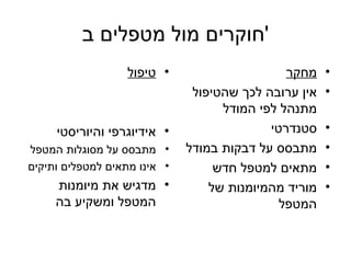‫'חוקרים מול מטפלים ב‬
                   ‫• טיפול‬                     ‫מחקר‬    ‫•‬
                               ‫אין ערובה לכך שהטיפול‬   ‫•‬
                                    ‫מתנהל לפי המודל‬
     ‫• אידיוגרפי והיוריסטי‬                  ‫סטנדרטי‬    ‫•‬
‫• מתבסס על מסוגלות המטפל‬      ‫מתבסס על דבקות במודל‬     ‫•‬
‫• אינו מתאים למטפלים ותיקים‬        ‫מתאים למטפל חדש‬     ‫•‬
     ‫• מדגיש את מיומנות‬           ‫מוריד מהמיומנות של‬   ‫•‬
     ‫המטפל ומשקיע בה‬                          ‫המטפל‬
 