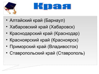 •   Алтайский край (Барнаул)
•   Хабаровский край (Хабаровск)
•   Краснодарский край (Краснодар)
•   Красноярский край (Красноярск)
•   Приморский край (Владивосток)
•   Ставропольский край (Ставрополь)
 