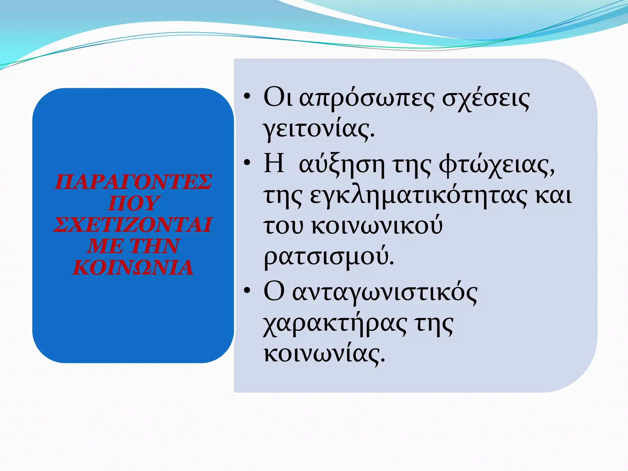 • Οι απρόςωπεσ ςχϋςεισ
                γειτονύασ.
              • Η αύξηςη τησ φτώχειασ,
ΠΑΡΑΓΟΛΣΔ΢
    ΠΟΤ         τησ εγκληματικότητασ και
΢ΥΔΣΗΕΟΛΣΑΗ     του κοινωνικού
  ΚΔ ΣΖΛ
 ΘΟΗΛΩΛΗΑ       ρατςιςμού.
              • Ο ανταγωνιςτικόσ
                χαρακτόρασ τησ
                κοινωνύασ.
 