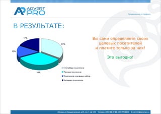 Продвижение по трафику




В РЕЗУЛЬТАТЕ:
                                                        Вы сами определяете своих
                                                           целевых посетителей
                                                         и платите только за них!

                                                                            Это выгодно!




           г.Москва, ул.Новодмитровская, д.5А, стр.1, оф.1204   Телефон: (495) 969-27-80, (495) 778-05-93   E-mail: info@advertpro.ru
 
