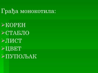 Грађа монокотила:

КОРЕН
СТАБЛО
ЛИСТ
ЦВЕТ
ПУПОЉАК
 