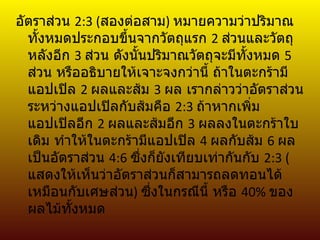 อัตราส่วน 2:3 (สองต่อสาม) หมายความว่าปริมาณ
  ทั้งหมดประกอบขึ้นจากวัตถุแรก 2 ส่วนและวัตถุ
  หลังอีก 3 ส่วน ดังนั้นปริมาณวัตถุจะมีทั้งหมด 5
  ส่วน หรืออธิบายให้เจาะจงกว่านี้ ถ้าในตะกร้ามี
  แอปเปิล 2 ผลและส้ม 3 ผล เรากล่าวว่าอัตราส่วน
  ระหว่างแอปเปิลกับส้มคือ 2:3 ถ้าหากเพิ่ม
  แอปเปิลอีก 2 ผลและส้มอีก 3 ผลลงในตะกร้าใบ
  เดิม ทำาให้ในตะกร้ามีแอปเปิล 4 ผลกับส้ม 6 ผล
  เป็นอัตราส่วน 4:6 ซึ่งก็ยังเทียบเท่ากันกับ 2:3 (
  แสดงให้เห็นว่าอัตราส่วนก็สามารถลดทอนได้
  เหมือนกับเศษส่วน) ซึ่งในกรณีนี้ หรือ 40% ของ
  ผลไม้ทั้งหมด
 