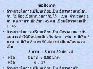 ข้อสังเกต
• ถ้าหน่วยในการเปรียบเทียบเป็น อัตราส่วนเหมือน
  กัน ไม่ต้องเขียนหน่วยกำากับไว้ เช่น จำานวนครู 1
  คน ต่อ จำานวนนักเรียน 45 คน เขียนอัตราส่วนเป็น
  1 : 45
• ถ้าหน่วยในการเปรียบเทียบเป็น อัตราส่วนต่างกัน
  แต่อาจทำาให้มีหน่วยเดียวกันก่อน เช่น ก มีเงิน 3
  บาท ข มีเงิน 8 บาท 50 สตางค์ เขียนอัตราส่วน
  เป็น
                3 บาท : 8 บาท 50 สตางค์
• หรือ         3 บาท : 8.50 บาท
   หรือ            6 : 17
 