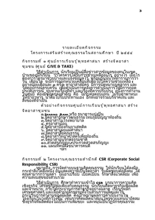 3




                                  รายละเอียดกิจกรรม
       โ ค ร ง ก า ร เ ส ร ิ ม ส ร ้ า ง ค ุ ณ ธ ร ร ม ใ น ส ถ า น ศ ึ ก ษ า ปี ๒ ๕ ๕ ๔

กิ จ ก ร ร ม ท ี ่ ๑ ศ ู น ย ์ ก า ร เ ร ี ย น ร ู ้ พ ุ ท ธ ศ า ส น า ส ร ้ า ง จ ิ ต อ า ส า
ชุ ม ช น (ศ ู น ย ์ G IVE & TA KE )
         วิธีดำาเนินการ นักเรียนเป็นผู้สื่อข่าวสารข้อมูลของคนในเขต
บ้านของนักเรียน ว่าใครควรได้รับการช่วยเหลืออะไร อย่างไร เมื่อไร
ต้องการใครมาช่วยบ้างและแจ้งข้อมูลไว้ พร้อมกันนั้นให้ทำารายการว่า
วัน เดือนใด จะมีการออกหน่วยเคลื่อนที่เพื่อไปให้ความช่วยเหลือ (
อย่างน้อยเดือนละ ๑ ครั้ง) หาอาสาสมัคร มีการนัดหมายบุคลากร และ
วัสดุอุปกรณ์ครบครัน เพื่อดำาเนินการหลังการดำาเนินการให้มีการถอด
ประสบการณ์ ทบทวนเรื่องที่ทำา และเรื่องที่ควรปรับปรุง อนึ่งการทำางาน
ในศูนย์ ต้องมีข้อตกลงสำาคัญ คือ ไม่รับค่าตอบแทน ไม่รับค่าพาหนะ
ให้นำาอาหาร นำ้าดื่มไปรับประทานเอง อีกทั้งอาจร่วมบริจาคเงิน และ
สิ่งของที่จำาเป็น
               ตั ว อ ย ่ า ง ก ิ จ ก ร ร ม ศ ู น ย ์ ก า ร เ ร ี ย น ร ู ้ พ ุ ท ธ ศ า ส น า ส ร ้ า ง
จิ ต อ า ส า ช ุ ม ช น
                ๑.Sharing Bank หรือ ธนาคารแบ่งปัน
                ๒.จิตอาสารักษาวัฒนธรรมไทยภูมิปัญญาท้องถิ่น
                ๓.จิตอาสาในโรงพยาบาล
                ๔. ครูอาสาน้อย
                ๕.จิตอาสาป้องกันยาเสพติด
                ๖. จิตอาสาเผยแผ่ศาสนา
                ๗.จิตอาสาสื่อคุณธรรม
                ๘.จิตอาสาวิทยาศาสตร์เพื่อท้องถิ่น
                ๙.จิตอาสาอนุรักษ์ธรรมชาติ
                ๑๐.สวดสรภัญญะ/ประกวดสวดสรภัญญะ
                ๑๑. แผนที่คนดี/ธนาคารคนดี
                          ฯลฯ

กิ จ ก ร ร ม ท ี ่ ๒ โ ค ร ง ง า น ค ุ ณ ธ ร ร ม ส ำ า น ึ ก ด ี CSR (Corporate Social
Responsibility CSR)
          หมายถึง การจัดค่ายบนฐานคิดคุณธรรม ให้นักเรียนได้ลงมือ
กระทำาสิ่งใดสิ่งหนึ่ง อันแสดงความเป็นจิตอาสา รับผิดชอบต่อสังคม ได้
คุณค่ามากกว่ามูลค่า ไม่เอาเปรียบ เบียดเบียน รักษาสิ่งแวดล้อม เพื่อ
ความสงบสุขของส่วนรวม
          วิธีดำาเนินการ ศึกษาทำาความเข้าใจ CSR บูรณาการความคิด
เชิงธุรกิจ เศรษฐกิจพอเพียงกับคุณธรรม นักเรียนคิดหาธุรกิจเพื่อผลิต
และจำาหน่าย ภายใต้กระบวนการทำาธุรกิจอย่างฉลาด เรียนรู้หลัก
เศรษฐศาสตร์ และเจือด้วยหลักธรรมทั้งในส่วนการผลิตและใน
กระบวนการทำางานของผู้ผลิต ตั้งเป้าหมายผลการดำาเนินงานใน
โรงเรียนในวงที่กว้างขึ้น เช่นการคิดผลิตนำ้าสมุนไพรขายแทนนำ้าอัดลม
ซึ่งธุรกิจที่ผลิตต้องไม่เป็นการเพิ่มขยะ และหมุนเป็นวัฏจักรคุณธรรม
 