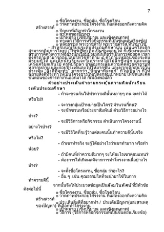 7

                        ๐ ชื่อโครงงาน, ชื่อกลุ่ม, ชื่อโรงเรียน
                        ๐ วาดภาพประกอบโครงงาน ที่แสดงออกถึงความคิด
        สร้างสรรค์
                      ๐ ปัญหาที่เลือกทำาโครงงาน
                      ๐ สาเหตุของปัญหา
                      ๐ เป้าหมาย (เชิงปริมาณ และเชิงคุณภาพ)
                      ๐ ทางแก้ (วิธีการหรือกิจกรรมที่เป็นขั้นตอนเรียงข้อ)
                      ๐ หลักธรรม/ พระราชดำาริ/ พระราชดำารัส ที่นำามาใช้
                 - สำา หรั บ นั ก เรี ย นระดั บ ประถมศึ ก ษานั้ น เน้ น แค่ ใ ห้ เ ด็ ก
   สามารถคิ ด การใหญ่ (Think Big) คิ ด เป็ น ขั้ น ตอนได้ ก็ เ พี ย งพอแล้ ว
   ส่วนการคิดวิเคราะห์อย่างนักเรียนมัธยมนั้นถือว่าเป็นการต่อยอด เวลา
   ตั้ ง คำา ถามสามารถอนุ โ ลมให้ ใ ช้ คำา ถาม ๕ คำา ถามเหมื อ นของระดั บ
   มั ธ ยมก็ ไ ด้ แต่ เ ด็ ก นั ก เรี ย นจะวิ เ คราะห์ ไ ด้ ไ ม่ ลึ ก ซึ้ ง นั ก และจะดู
   เคร่งเครียดเกิ นไป ครูที่ปรึกษา จำา ต้องกระตุ้น ความคิดด้ว ยคำา ถามที่
   หลากหลาย และย่ อยประเด็น ลงไปให้ มากขึ้น และหากเด็ ก สนใจใน
   ประเด็ น “สิ่ ง ดี ที่ จ ะทำา ” มากกว่ า “ปั ญ หาที่ จ ะแก้ ” ก็ ไ ม่ เ ป็ น ไร ก็ ใ ห้
   ขยายสิ่งดีที่จะทำาให้เป็นโครงการใหญ่ตั้งกลุ่มเป้าหมายให้ชัดและคิด
   ขันตอนของการทำางานออกมาได้ ก็เพียงพอแล้ว
       ้
              ตั ว อ ย ่ า ง ป ร ะ เ ด ็ น ค ำ า ถ า ม ก ร ะ ต ุ ้ น ค ว า ม ค ิ ด น ั ก เ ร ี ย น
   ระดับประถ มศึกษ า
                      - ถ้าจะชวนกันให้ทำาความดีนั้นหลายๆ คน จะทำาได้
   หรือไม่?
                      - จะวางกลุ่มเป้าหมายเป็นใคร? จำานวนกี่คน?
                      - จะชักชวนหรือประชาสัมพันธ์ ด้วยวิธีการอย่างไร
   บ้าง?
                      - จะมีวิธีการหรือกิจกรรม ดำาเนินการโครงงานนี้
   อย่างไรบ้าง?
                      - จะมีวิธีใดที่จะรู้ว่าแต่ละคนนั้นทำาความดีนั้นจริง
   หรือไม่?
                      - ถ้าเขาทำาจริง จะรู้ได้อย่างไรว่าเขาทำามาก หรือทำา
   น้อย?
                      - ถ้ามีคนที่ทำาความดีมากๆ จะให้อะไรเขาตอบแทน?
                      - ต้องการให้เกิดผลดีจากการทำาโครงงานนี้อย่างไร
   บ้าง?
                      - จะตั้งชื่อโครงงาน, ชื่อกลุ่ม ว่าอะไร?
                      - อืน ๆ เช่น คุณธรรมใดที่จะนำามาใช้ในการ
                           ่
   ทำาความดีนี้
                      จากนั้นจึงให้ประมวลข้อมูลเป็นผ ั ง ม โ น ท ั ศ น ์ ที่มหัวข้อ
                                                                             ี
ดังต่อไปนี้
                        ๐ ชื่อโครงงาน, ชื่อกลุ่ม, ชื่อโรงเรียน
                        ๐ วาดภาพประกอบโครงงาน ที่แสดงออกถึงความคิด
        สร้างสรรค์
                 ๐ ประเด็นสิ่งดีที่อยากทำา / ประเด็นปัญหา(และสาเหตุ
        ของปัญหา) ที่เลือกทำาโครงงาน
                 ๐ เป้าหมาย (เชิงปริมาณ และเชิงคุณภาพ)
                 ๐ วิธีการ (วิธีการหรือกิจกรรมที่เป็นขั้นตอนเรียงข้อ)
 