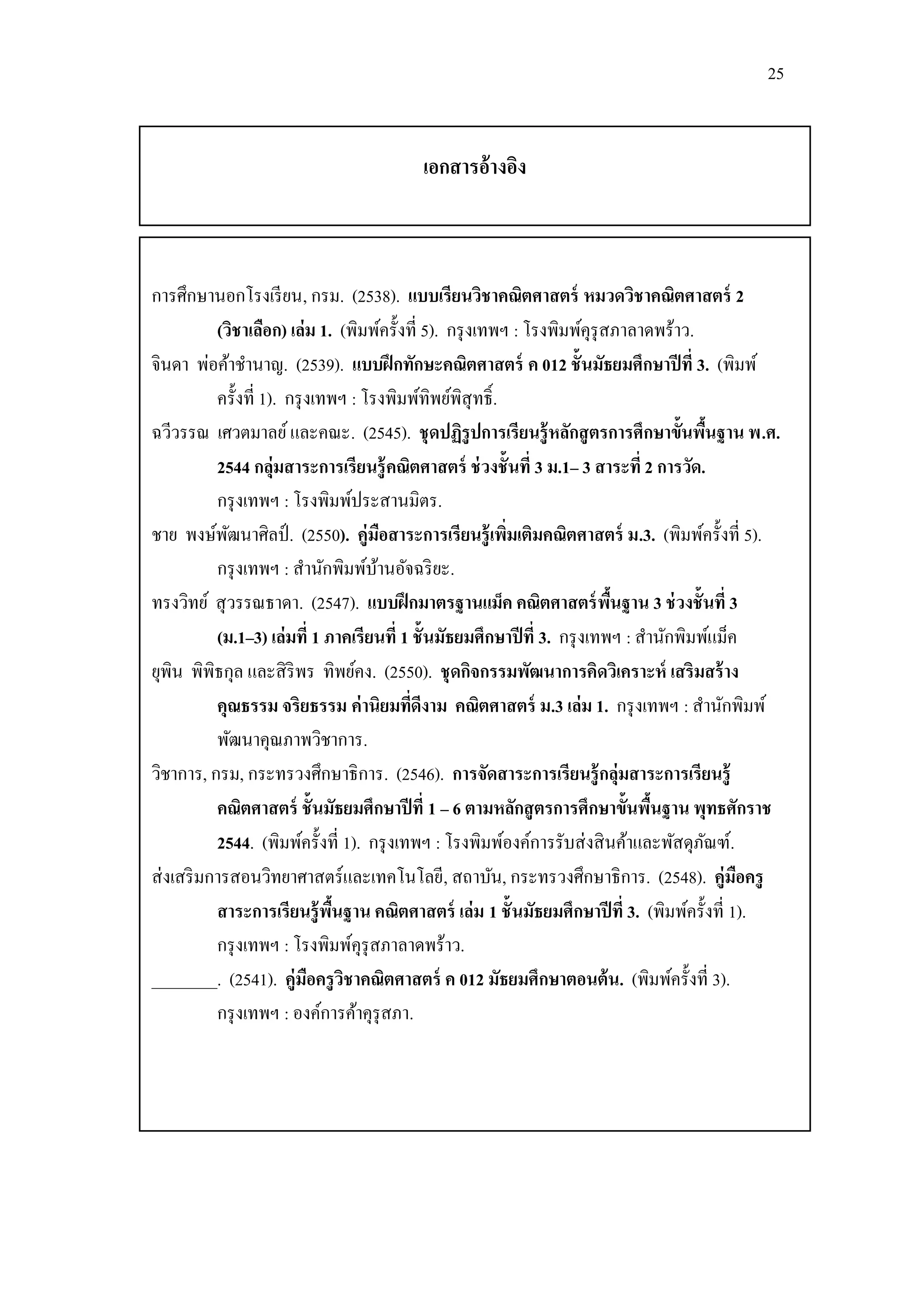25


                                         เอกสารอ้างอิง



การศึกษานอกโรงเรี ยน, กรม. (2538). แบบเรียนวิชาคณิตศาสตร์ หมวดวิชาคณิตศาสตร์ 2
           (วิชาเลือก) เล่ม 1. (พิมพ์ครั้งที่ 5). กรุ งเทพฯ : โรงพิมพ์คุรุสภาลาดพร้าว.
จินดา พ่อค้าชานาญ. (2539). แบบฝึ กทักษะคณิตศาสตร์ ค 012 ชั้นมัธยมศึกษาปี ที่ 3. (พิมพ์
           ครั้งที่ 1). กรุ งเทพฯ : โรงพิมพ์ทิพย์พสุทธิ์ .
                                                    ิ
ฉวีวรรณ เศวตมาลย์ และคณะ. (2545). ชุ ดปฏิรูปการเรียนรู้ หลักสู ตรการศึกษาขั้นพืนฐาน พ.ศ.  ้
           2544 กลุ่มสาระการเรียนรู้ คณิตศาสตร์ ช่ วงชั้นที่ 3 ม.1– 3 สาระที่ 2 การวัด.
           กรุ งเทพฯ : โรงพิมพ์ประสานมิตร.
ชาย พงษ์พฒนาศิลป์ . (2550). คู่มือสาระการเรียนรู้ เพิมเติมคณิตศาสตร์ ม.3. (พิมพ์ครั้งที่ 5).
             ั                                             ่
           กรุ งเทพฯ : สานักพิมพ์บานอัจฉริ ยะ.
                                      ้
ทรงวิทย์ สุ วรรณธาดา. (2547). แบบฝึ กมาตรฐานแม็ค คณิตศาสตร์ พนฐาน 3 ช่ วงชั้นที่ 3
                                                                           ื้
           (ม.1–3) เล่มที่ 1 ภาคเรียนที่ 1 ชั้นมัธยมศึกษาปี ที่ 3. กรุ งเทพฯ : สานักพิมพ์แม็ค
ยุพิน พิพิธกุล และสิ ริพร ทิพย์คง. (2550). ชุ ดกิจกรรมพัฒนาการคิดวิเคราะห์ เสริมสร้ าง
           คุณธรรม จริยธรรม ค่ านิยมทีดีงาม คณิตศาสตร์ ม.3 เล่ม 1. กรุ งเทพฯ : สานักพิมพ์
                                           ่
           พัฒนาคุณภาพวิชาการ.
วิชาการ, กรม, กระทรวงศึกษาธิการ. (2546). การจัดสาระการเรียนรู้ กลุ่มสาระการเรียนรู้
           คณิตศาสตร์ ชั้นมัธยมศึกษาปี ที่ 1 – 6 ตามหลักสู ตรการศึกษาขั้นพืนฐาน พุทธศักราช
                                                                                 ้
           2544. (พิมพ์ครั้งที่ 1). กรุ งเทพฯ : โรงพิมพ์องค์การรับส่ งสิ นค้าและพัสดุภณฑ์.
                                                                                        ั
ส่ งเสริ มการสอนวิทยาศาสตร์และเทคโนโลยี, สถาบัน, กระทรวงศึกษาธิการ. (2548). คู่มือครู
           สาระการเรียนรู้ พนฐาน คณิตศาสตร์ เล่ ม 1 ชั้ นมัธยมศึกษาปี ที่ 3. (พิมพ์ครั้งที่ 1).
                               ื้
           กรุ งเทพฯ : โรงพิมพ์คุรุสภาลาดพร้าว.
________. (2541). คู่มือครู วชาคณิตศาสตร์ ค 012 มัธยมศึกษาตอนต้ น. (พิมพ์ครั้งที่ 3).
                                  ิ
           กรุ งเทพฯ : องค์การค้าคุรุสภา.
 