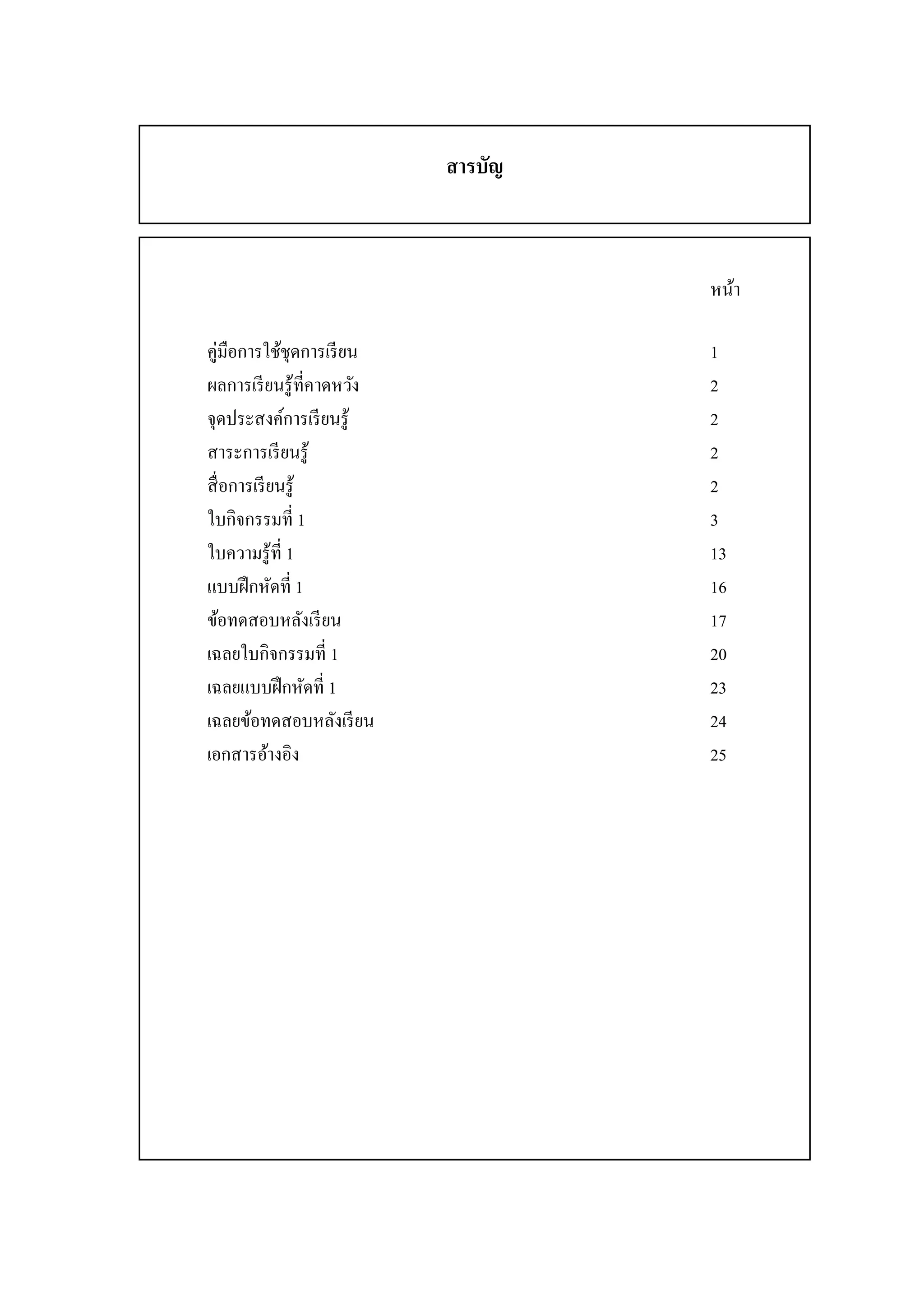 3


                           สารบัญ



                                    หน้า

คู่มือการใช้ชุดการเรี ยน            1
ผลการเรี ยนรู้ที่คาดหวัง            2
จุดประสงค์การเรี ยนรู้              2
สาระการเรี ยนรู้                    2
สื่ อการเรี ยนรู้                   2
ใบกิจกรรมที่ 1                      3
ใบความรู้ที่ 1                      13
แบบฝึ กหัดที่ 1                     16
ข้อทดสอบหลังเรี ยน                  17
เฉลยใบกิจกรรมที่ 1                  20
เฉลยแบบฝึ กหัดที่ 1                 23
เฉลยข้อทดสอบหลังเรี ยน              24
เอกสารอ้างอิง                       25
 